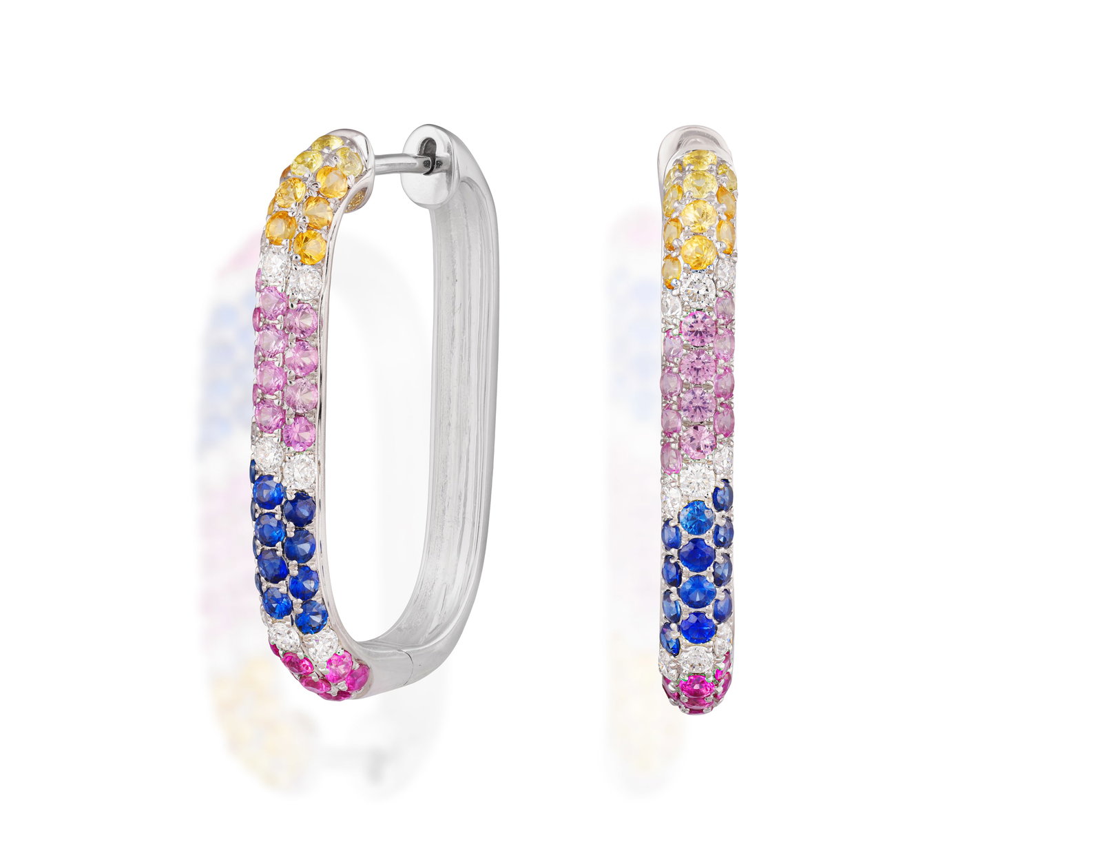 A PAIR OF SAPPHIRE AND DIAMOND HOOP EARRINGS • Multi-coloured circular-cut sapphires, approx.: A PAIR OF SAPPHIRE AND DIAMOND HOOP EARRINGS • Multi-coloured circular-cut sapphires, approx. 1.40cts total • brilliant-cut diamonds • mounted in 18K gold • length 2.7cm