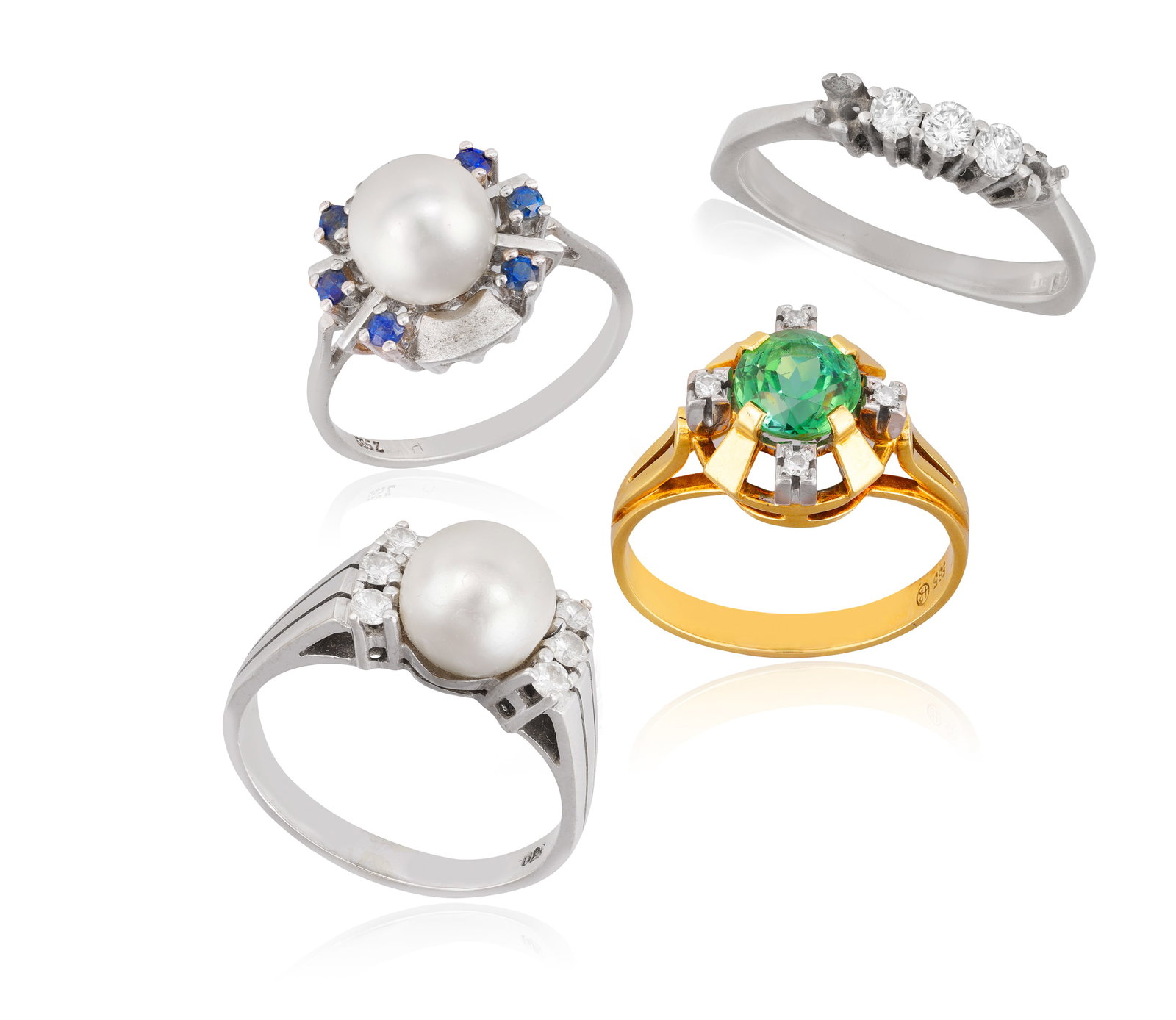 A GROUP OF GEM-SET AND DIAMOND RINGS • The first with a circular-cut green tourmaline and four: A GROUP OF GEM-SET AND DIAMOND RINGS • The first with a circular-cut green tourmaline and four colourless stones • mounted in 14K gold • ring size Q½; The second with a cultured