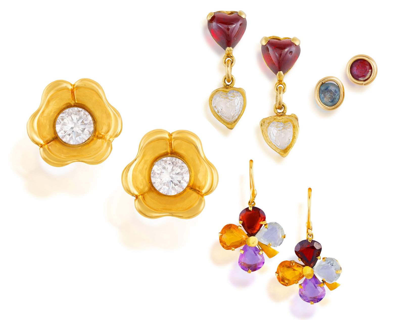 A GROUP OF FOUR PAIRS OF EARRINGS • The first with two circular-cut colourless imitation: A GROUP OF FOUR PAIRS OF EARRINGS • The first with two circular-cut colourless imitation stones • mounted in 18K gold • Italian registry mark • width 2.cm ; The second •
