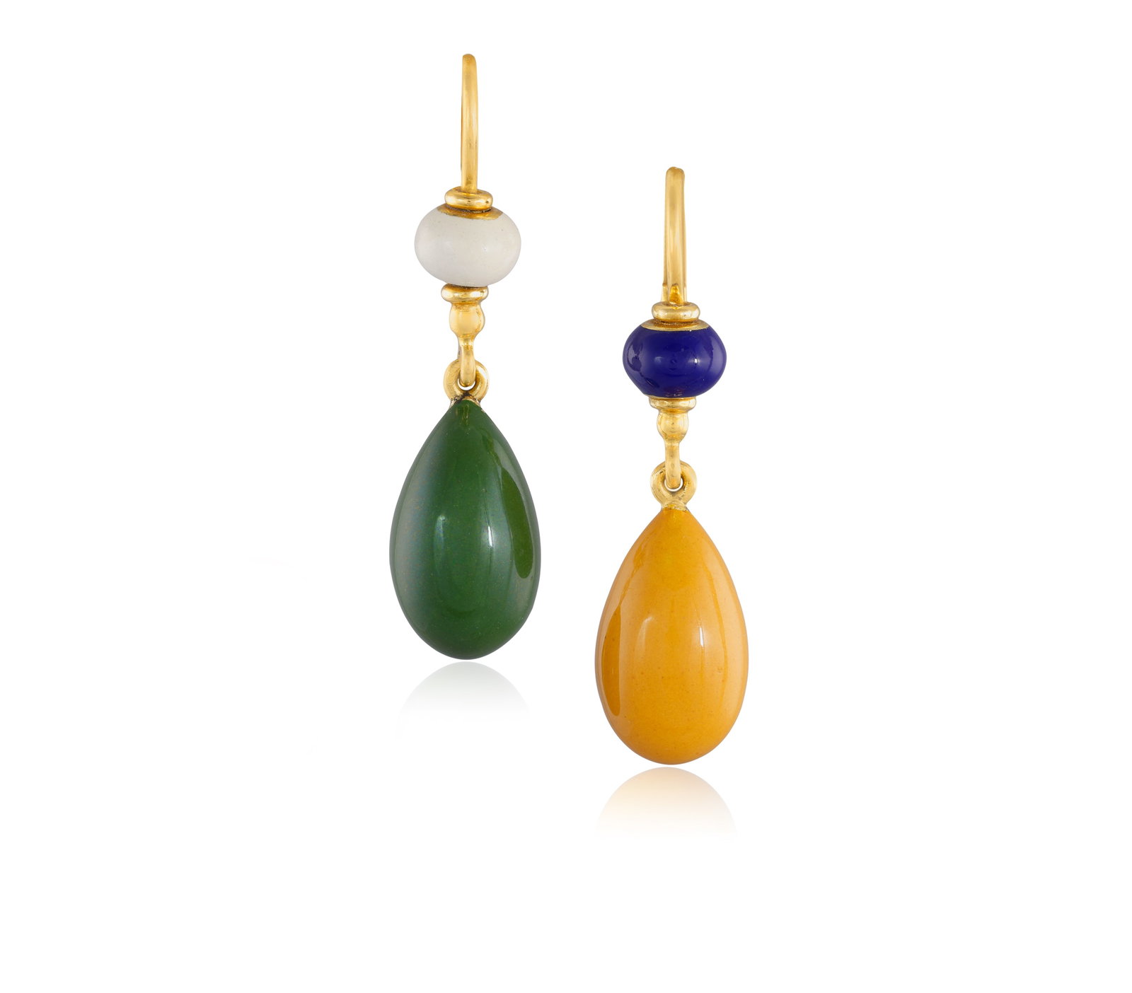 A PAIR OF ENAMEL PENDENT DROP EARRINGS • With green, white, orange and blue enamel • mou (1 of 2)