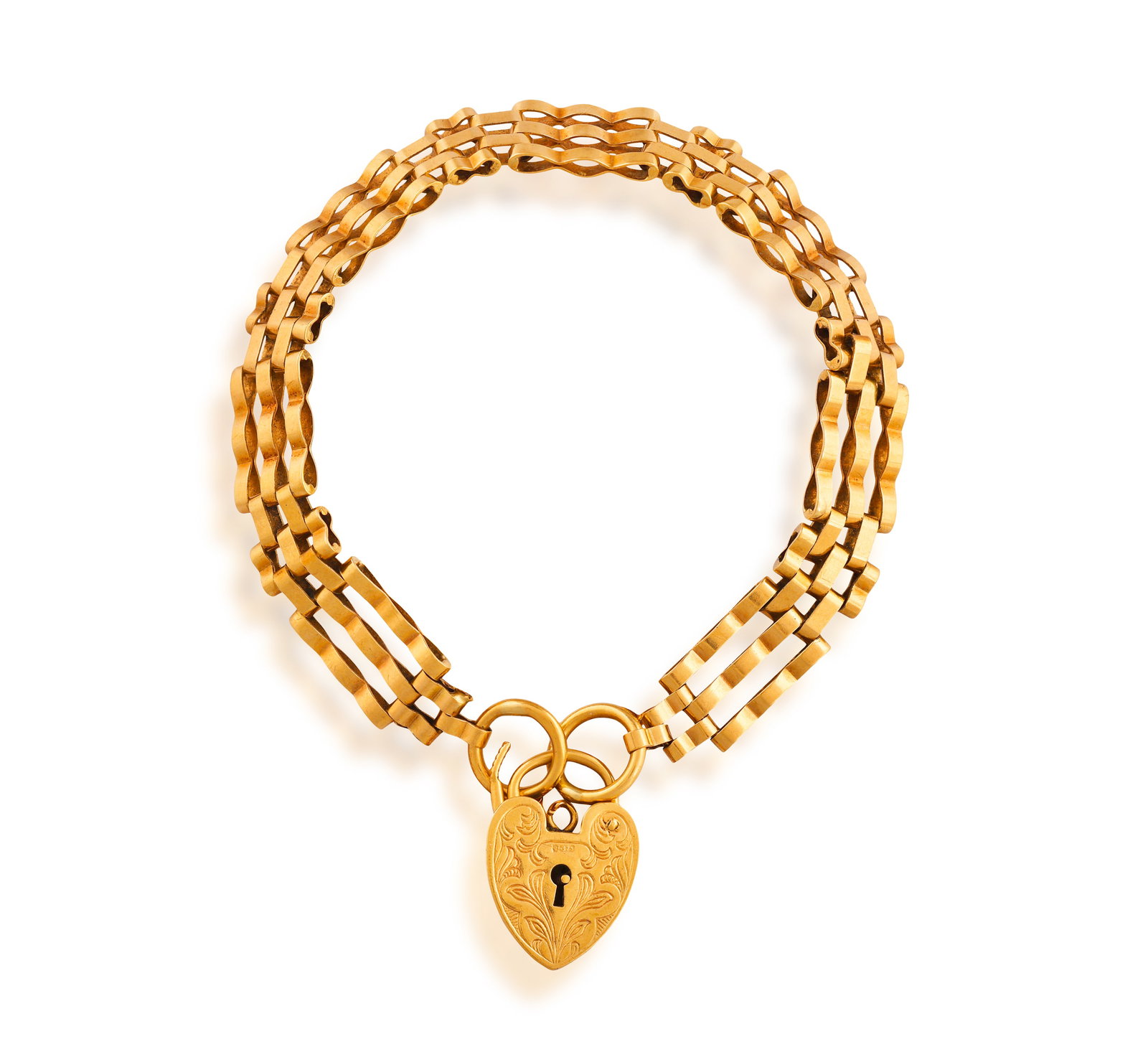 A 9K GOLD BRACELET • Gate-link chain • engraved heart-shaped padlock clasp • with  (1 of 2)