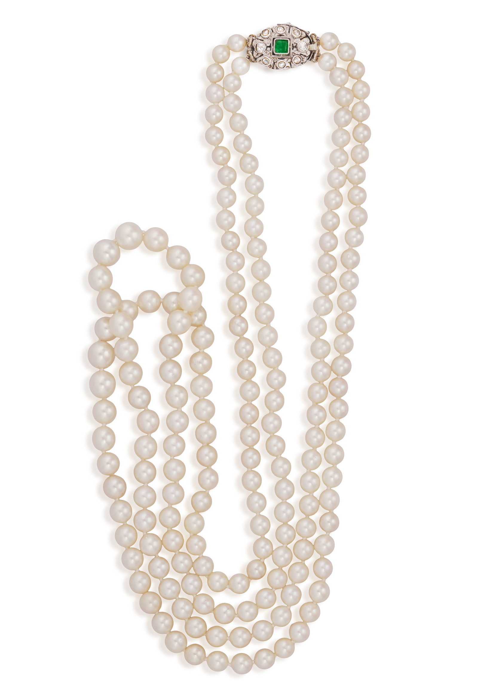 A CULTURED PEARL, EMERALD AND DIAMOND NECKLACE • Two rows of graduated Akoya cultured pearls,  (1 of 2)