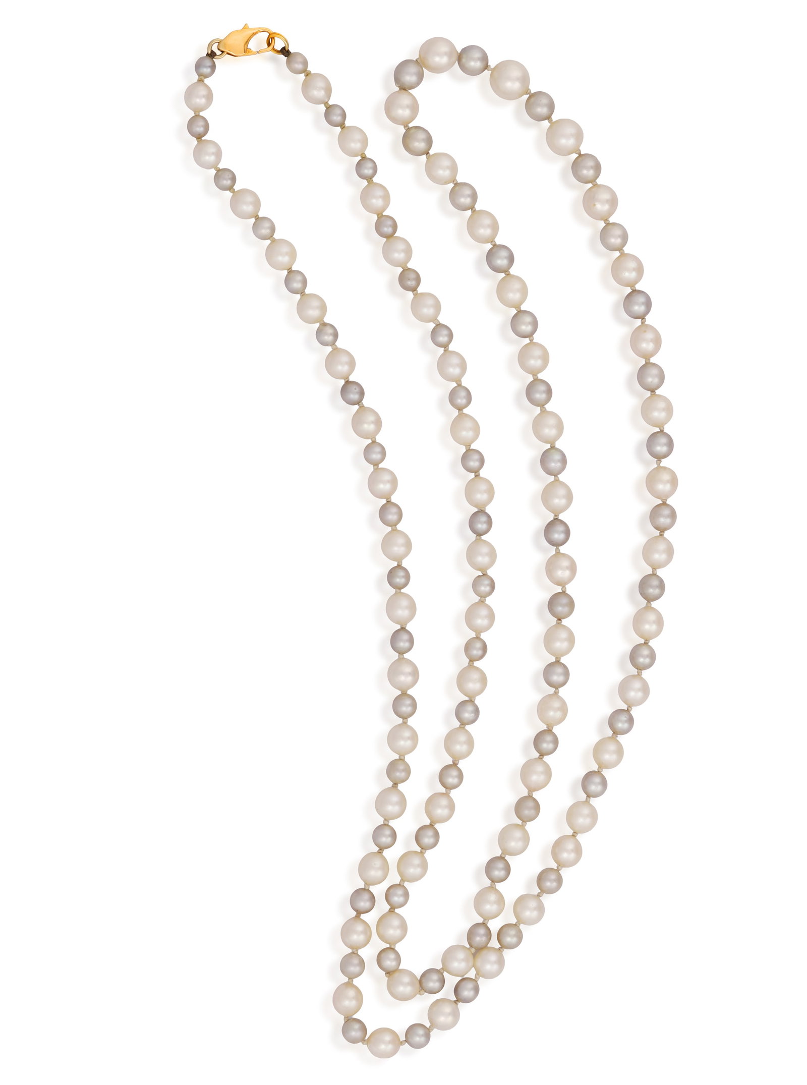 A CULTURED PEARL NECKLACE • Single row of cultured pearls, of white and grey tint •: A CULTURED PEARL NECKLACE • Single row of cultured pearls, of white and grey tint • Italian registry mark • length 102cm *This lot is sold without a reserve