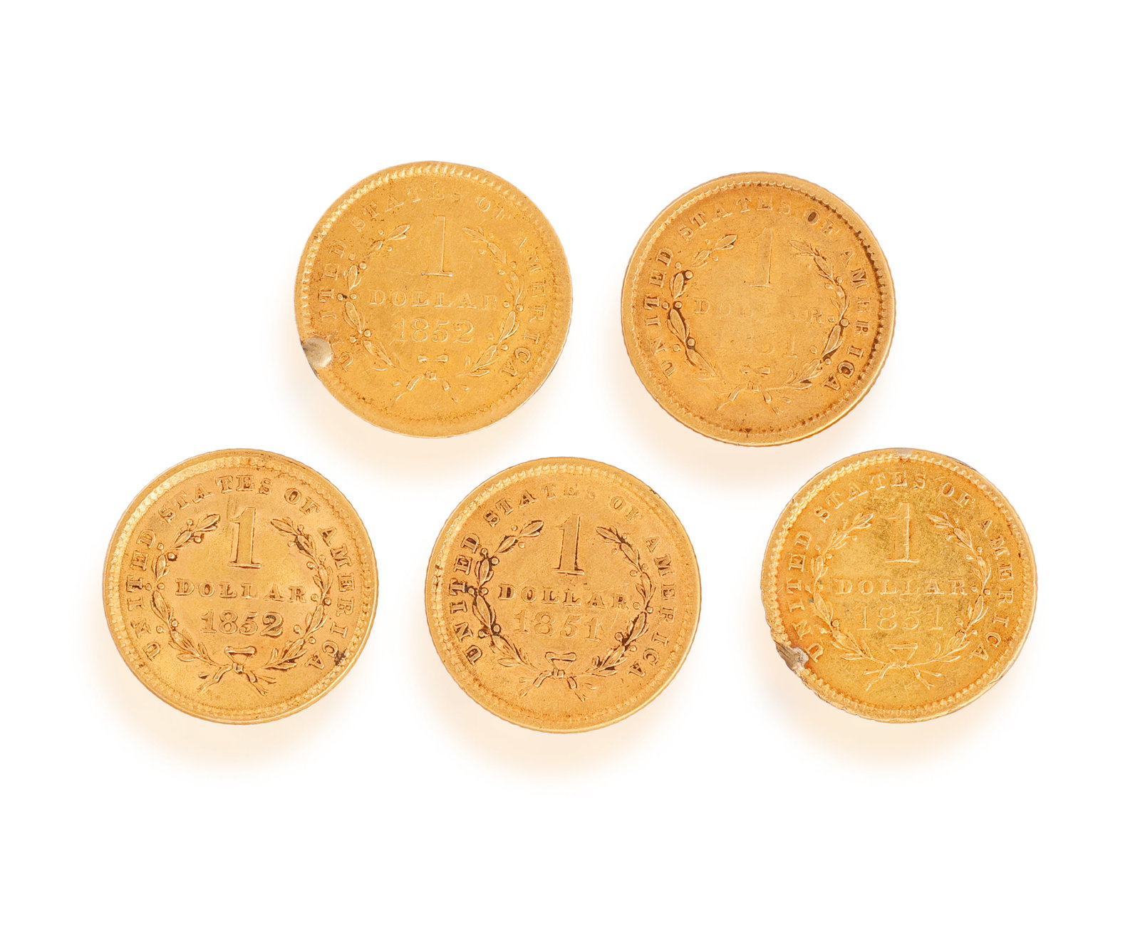 A COLLECTION OF FIVE AMERICAN ONE DOLLAR GOLD COINS, 1851 AND 1852 • Each with 'Liberty Head'  (1 of 2)
