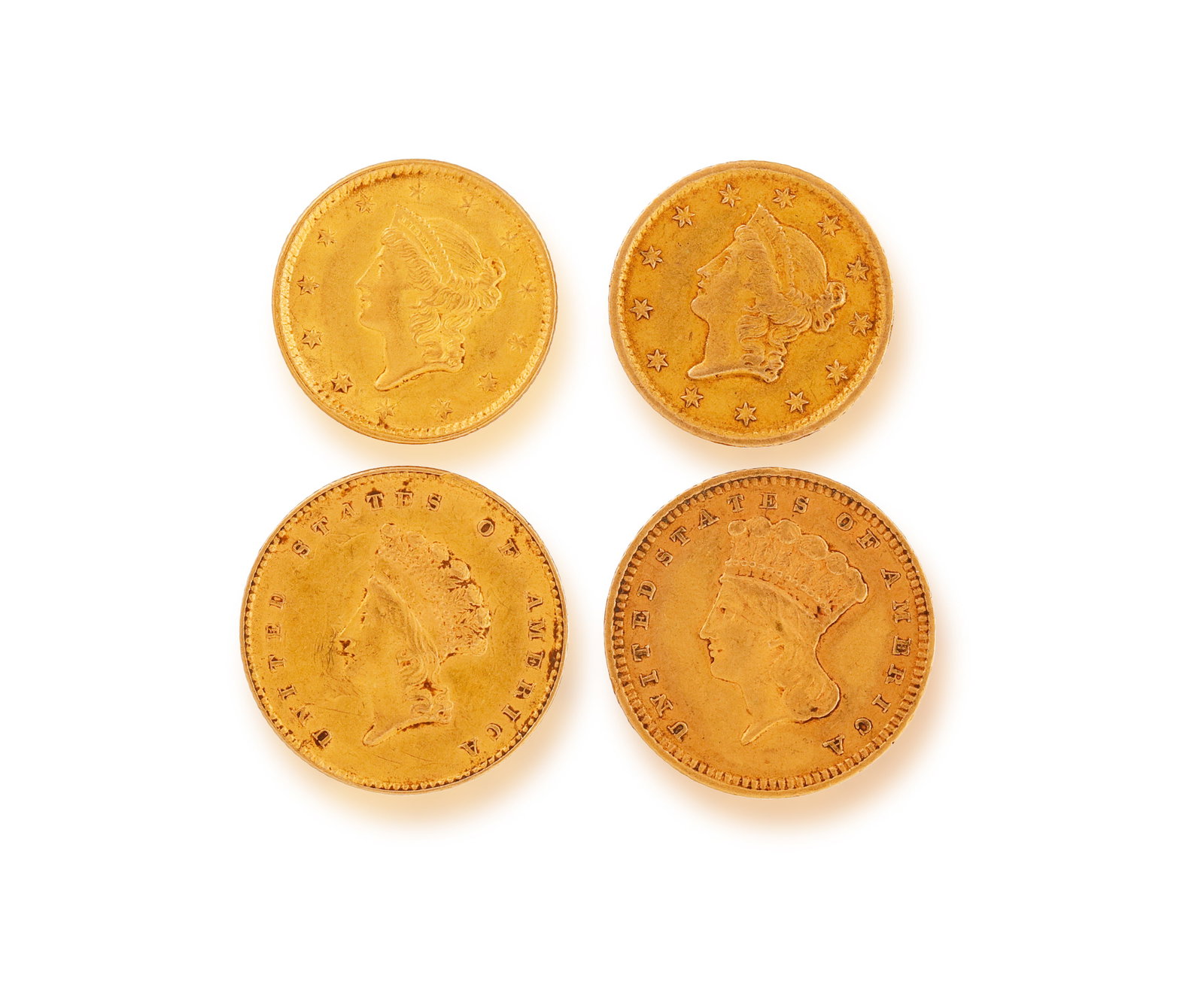 A COLLECTION OF FOUR AMERICAN DOLLAR GOLD COINS • A 1851 'Liberty Head' gold coin, with: A COLLECTION OF FOUR AMERICAN DOLLAR GOLD COINS • A 1851 'Liberty Head' gold coin, with regular strike; A 1853 'Liberty Head' gold coin with 'O' mint mark for New Orleans; A 1855 'Small Indian H