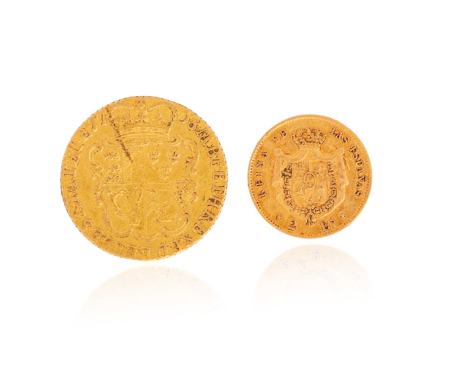 A RARE GEORGE III GOLD 'HALF-GUINEA' GOLD COIN TOGETHER WITH A SPANISH '2 ESCUDOS' GOLD COIN • (1 of 2)
