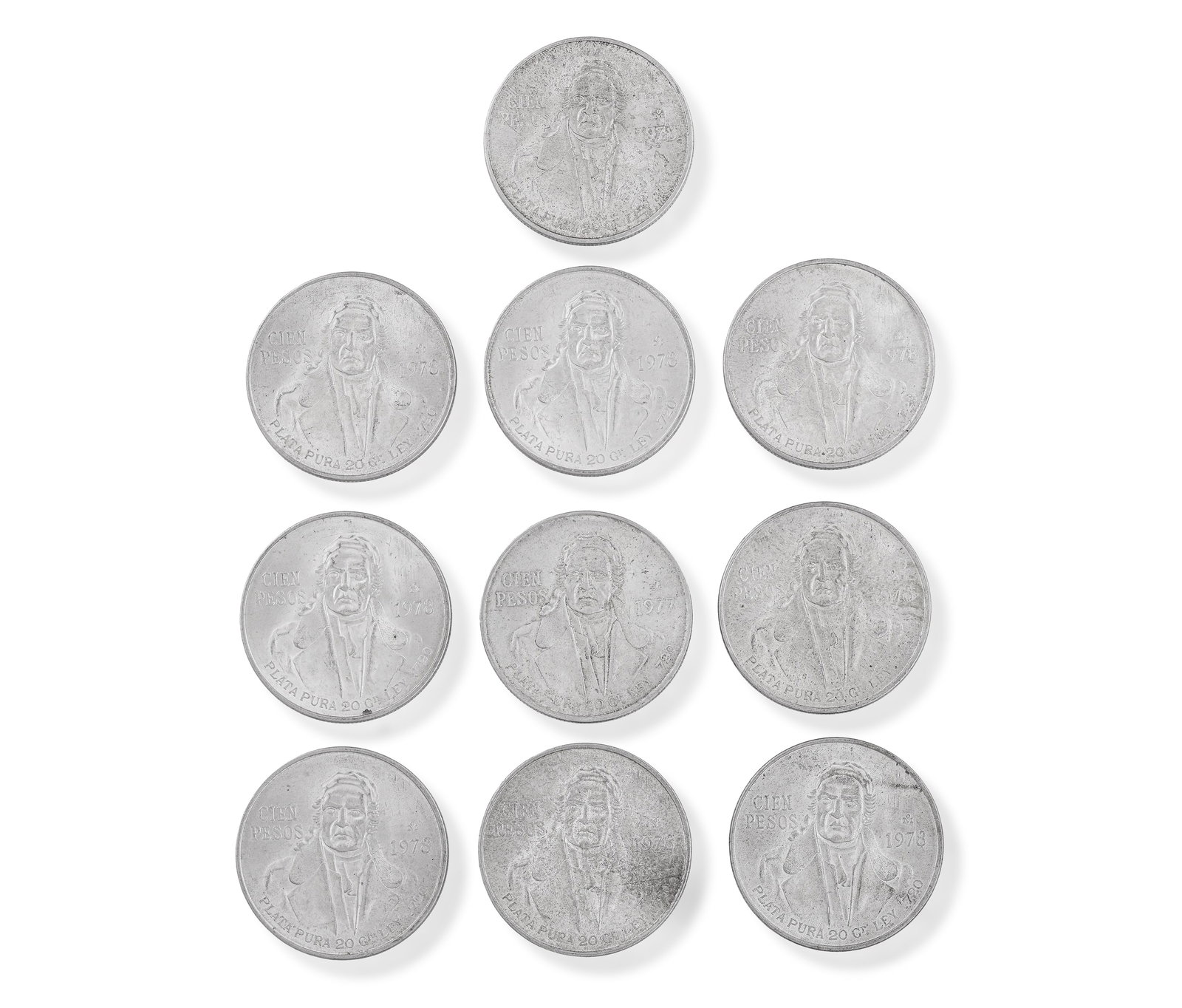 A GROUP OF TEN 100 PESOS SILVER COINS, 1977 AND 1978 Featuring a forward facing portrait of Miguel: A GROUP OF TEN 100 PESOS SILVER COINS, 1977 AND 1978 Featuring a forward facing portrait of Miguel Hidalgo to one side, the reverse with Mexican emblems of the snake and cactus, Mexico City mint