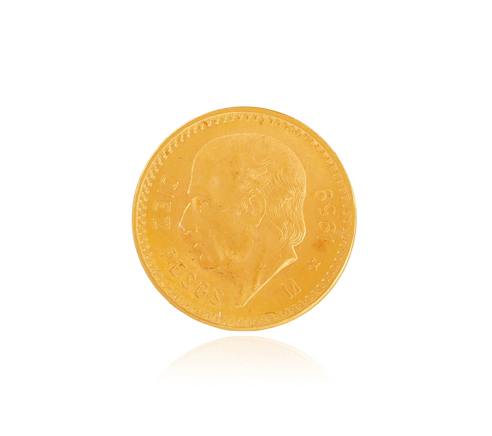 A MEXICAN 10 PESOS GOLD COIN, 1959 Portrait of Miguel Hidalgo facing left, the reverse centred wit: A MEXICAN 10 PESOS GOLD COIN, 1959 Portrait of Miguel Hidalgo facing left, the reverse centred with Mexican coat of arms and text ESTADOS UNIDOS MEXICANOS, Mexico City mint mark