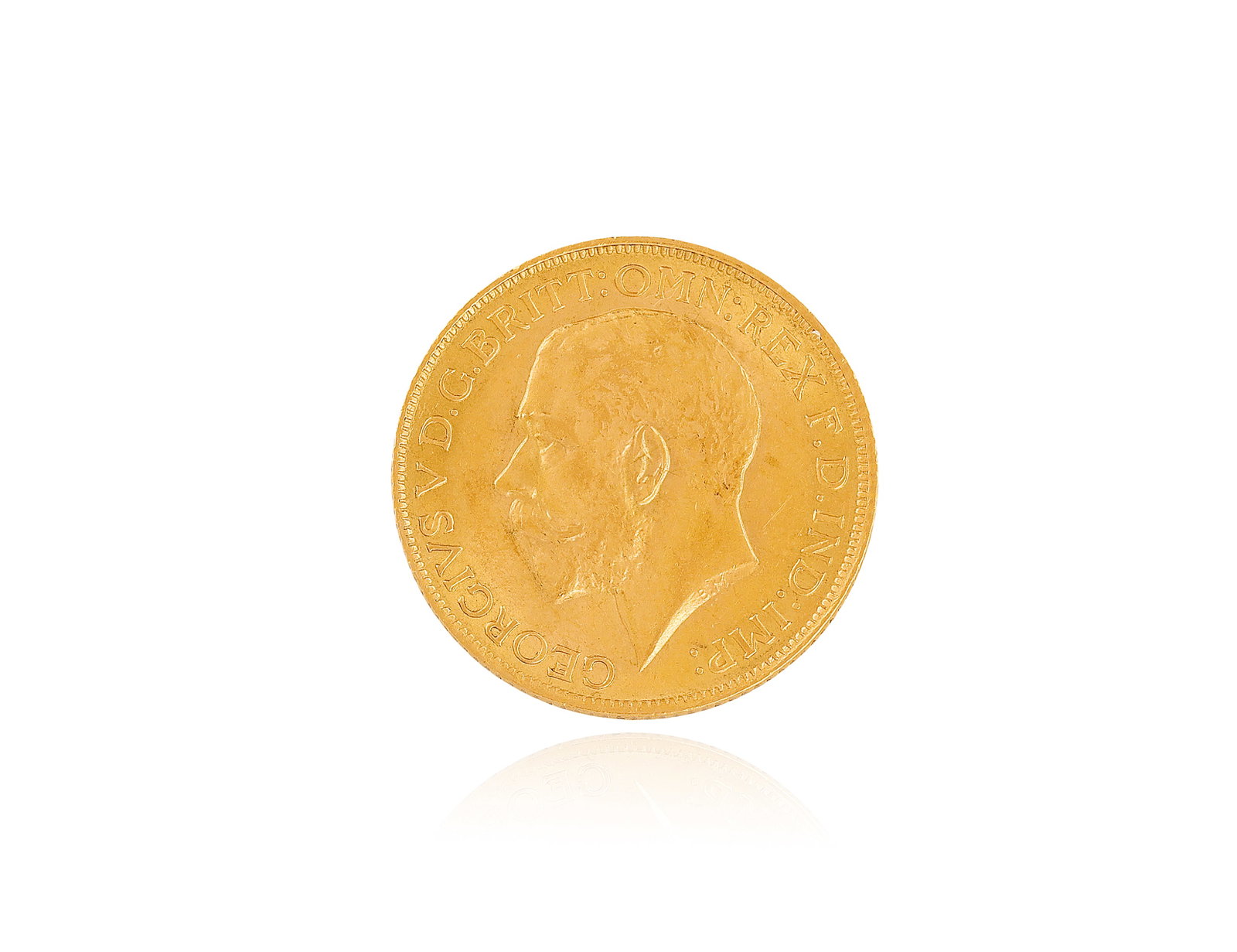 A GEORGE V FULL-SOVEREIGN GOLD COIN, 1914 Struck with an image of St George and the dragon, the: A GEORGE V FULL-SOVEREIGN GOLD COIN, 1914 Struck with an image of St George and the dragon, the opposing side with Monarch's head facing to the left