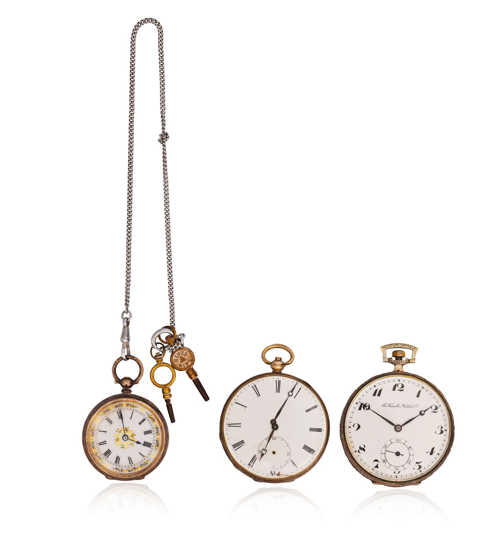 THREE SILVER POCKET WATCHES • The first: key winding movement • circular white dial R (1 of 4)