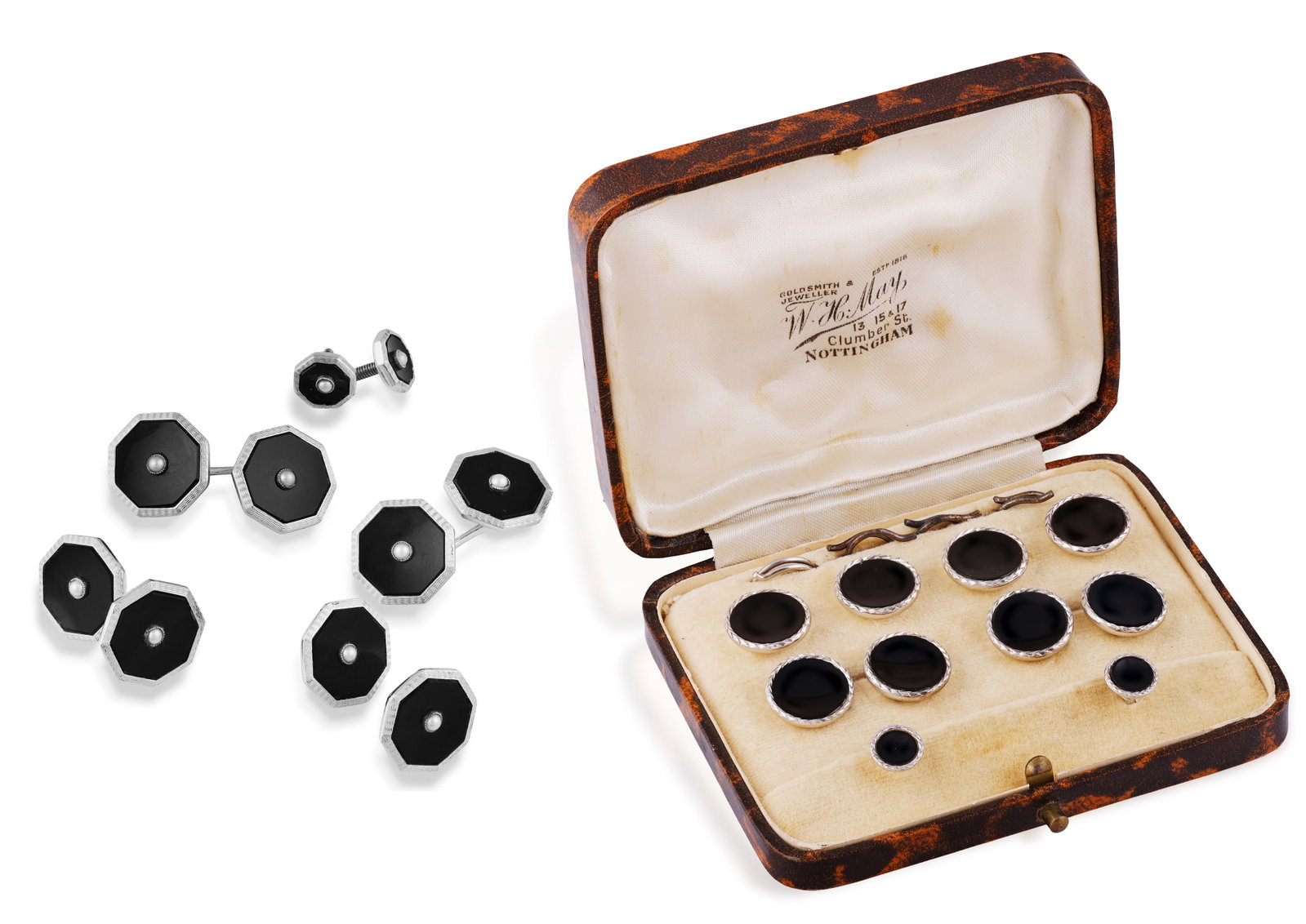 A TWO SETS OF CUFFLINKS AND SHIRT BUTTONS • The first: two cufflinks • six shirt buttons: A TWO SETS OF CUFFLINKS AND SHIRT BUTTONS • The first: two cufflinks • six shirt buttons • octagonal onyx plaques • seed peals • mounted in 9K gold • width cufflink