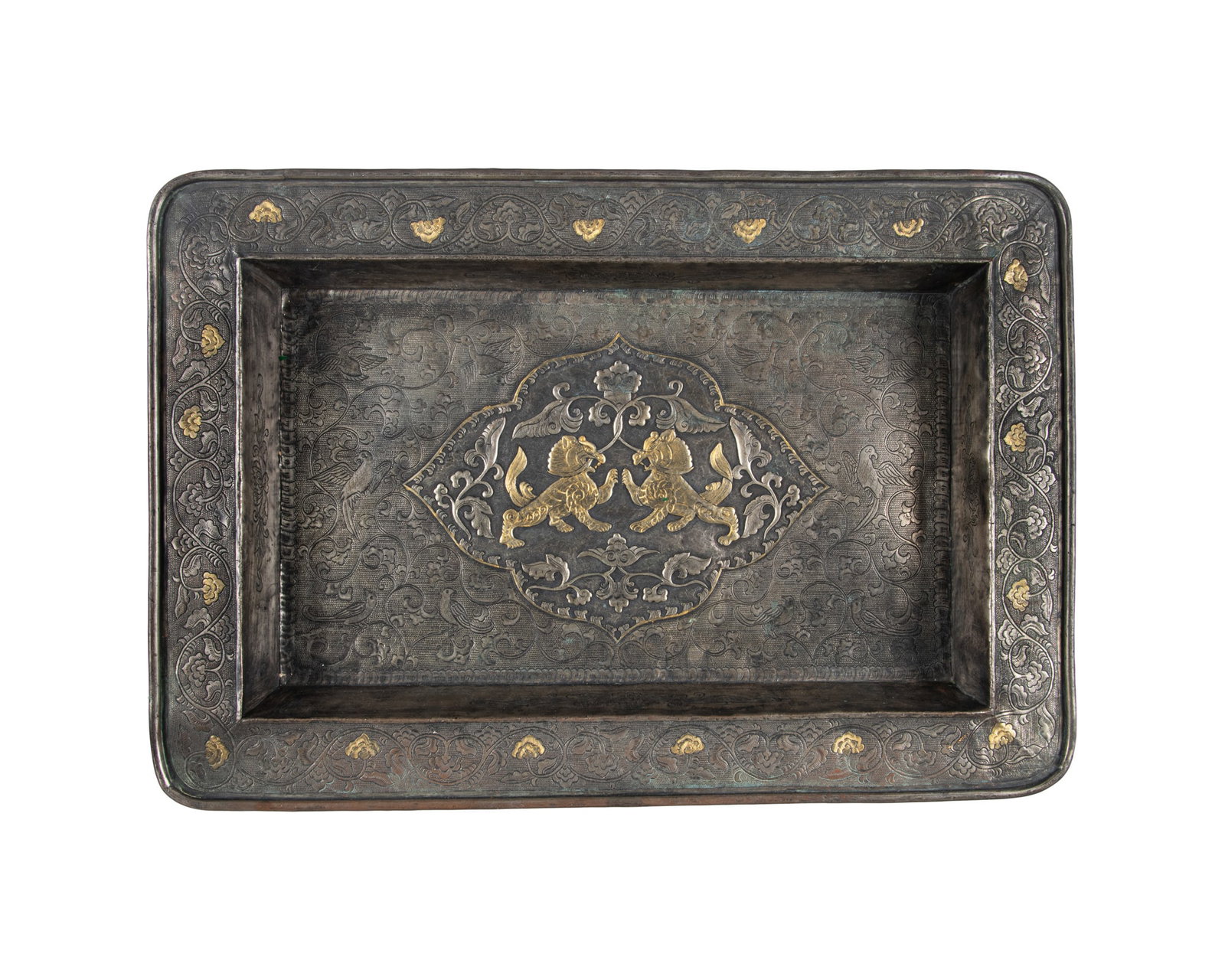 A RARE RECTANGULAR GILT-BRONZE TRAY WITH REPOUSSÉ DECORATION OF CONFRONTED LIONS 辽 (1 of 2)