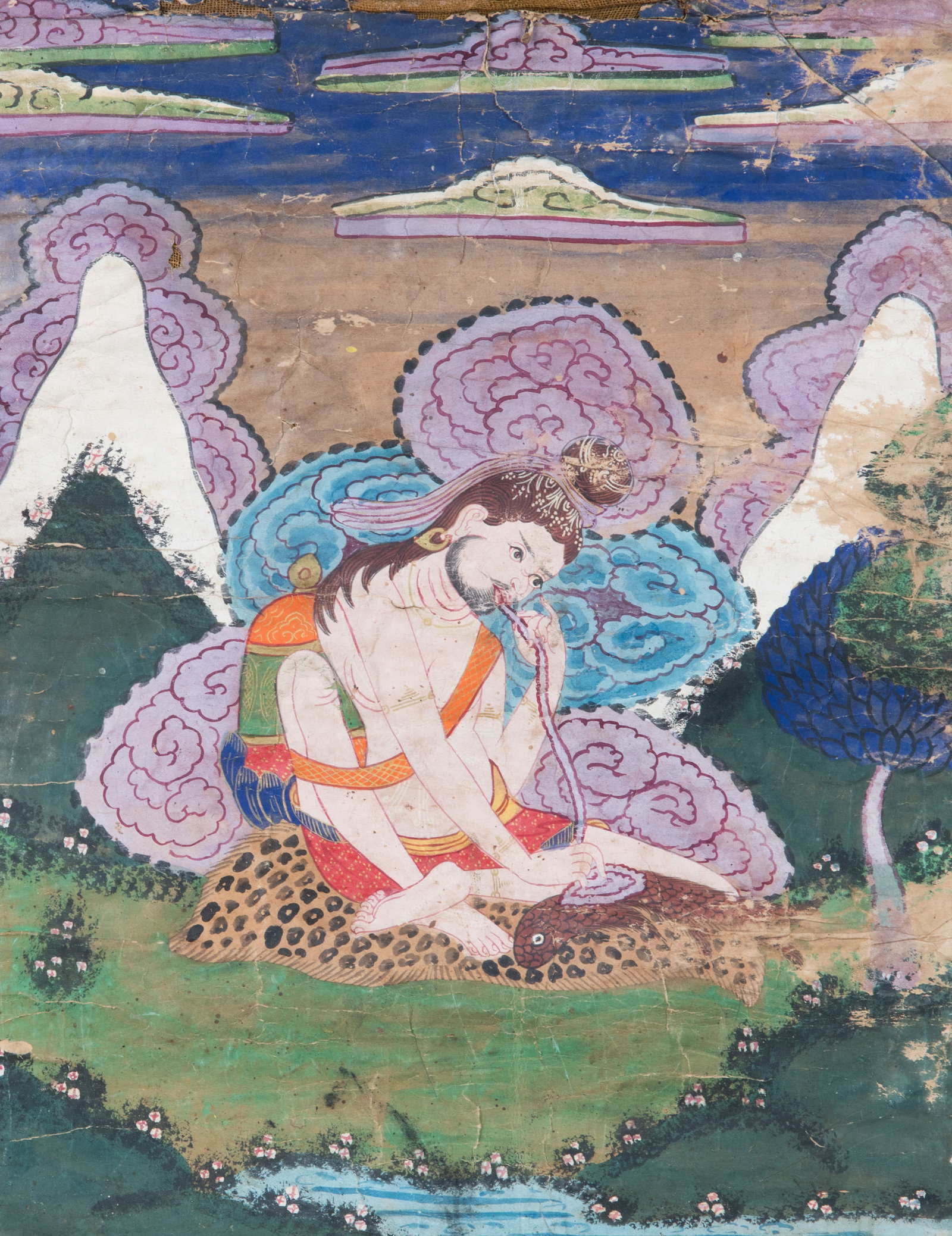 A SMALL POLYCHROME THANGKA ON CLOTH DEPICTING THE MAHASIDDHA LUIPA Tibet, late 19th-early 20th: A SMALL POLYCHROME THANGKA ON CLOTH DEPICTING THE MAHASIDDHA LUIPA Tibet, late 19th-early 20th Century At the center of the composition is the Mahasiddha Luipa, depicted with a prominent beard and his