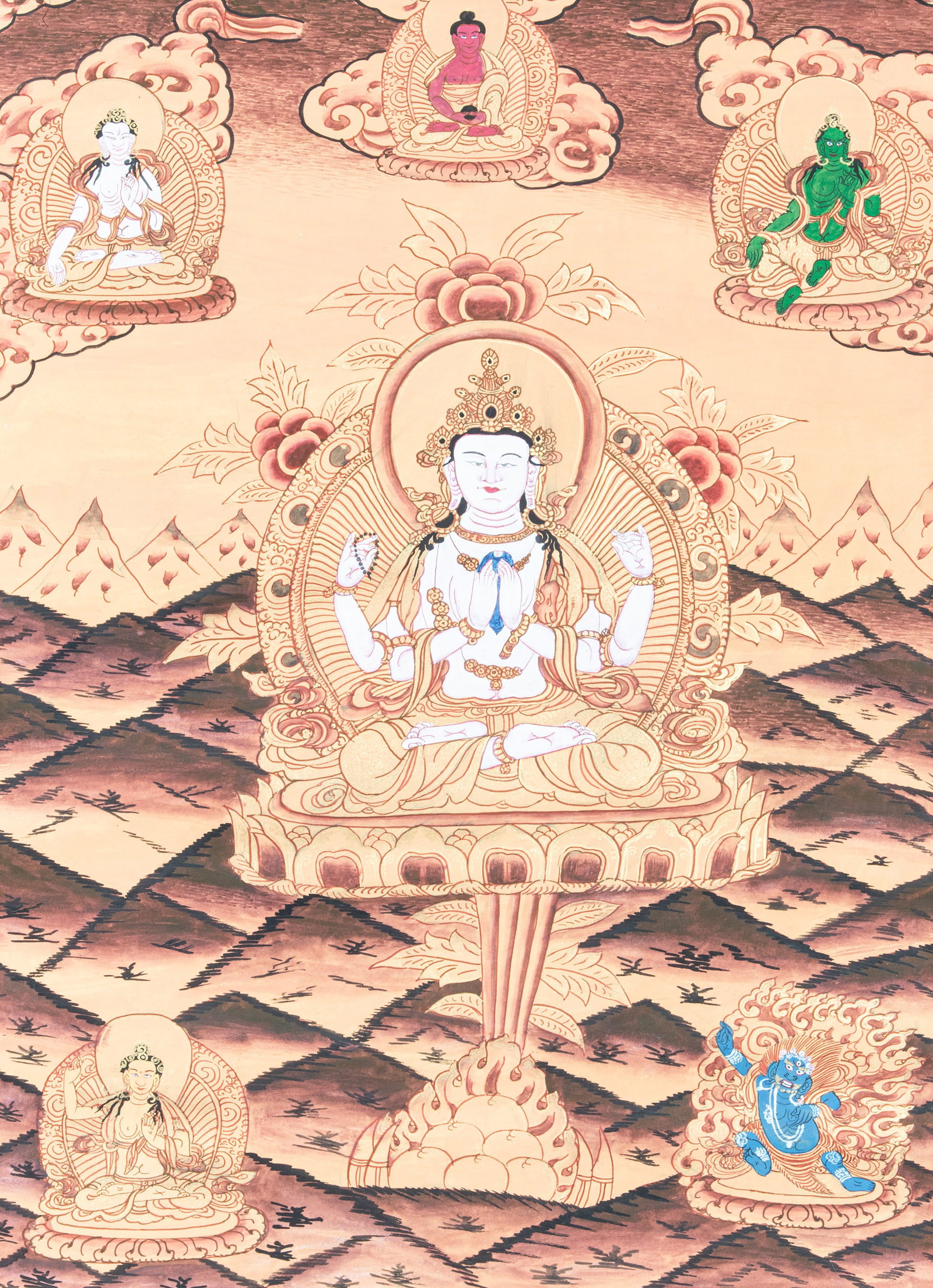A POLYCHROME AND GILT THANGKA ON CLOTH DEPICTING SADAKSHARI-AVALOKITESHVARA, Tibet-Nepal, 20th (1 of 2)