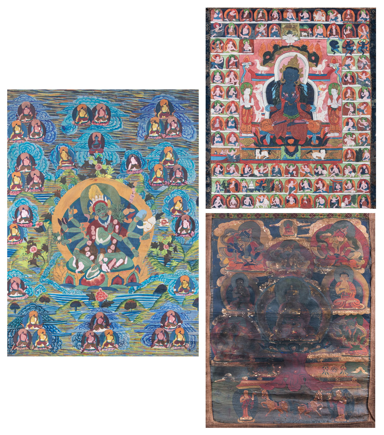 THREE THANGKAS ON CLOTH, Nepal-Tibet, 20th Century The first thangka depicts an eight-armed green (1 of 6)