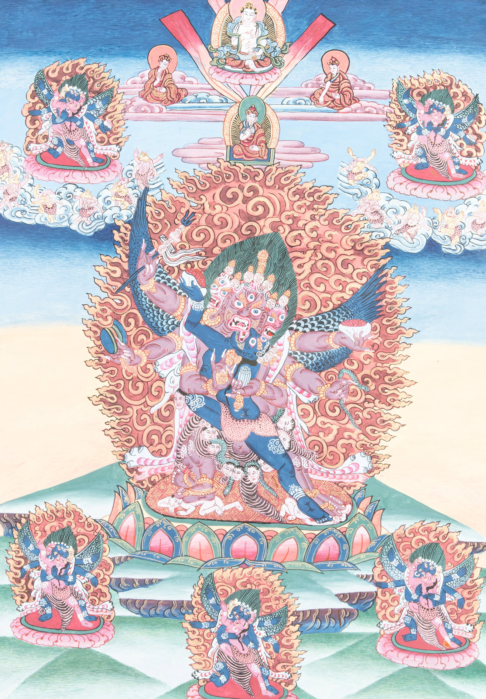 A POLYCHROME AND GILT THANGKA ON CLOTH DEPICTING YAMANTAKA-BHAIRAVA WITH CONSORT Nepal, 20th Centur: A POLYCHROME AND GILT THANGKA ON CLOTH DEPICTING YAMANTAKA-BHAIRAVA WITH CONSORT Nepal, 20th Century With red silk brocade framing At the center of the composition is the multi-headed, multi-armed wra
