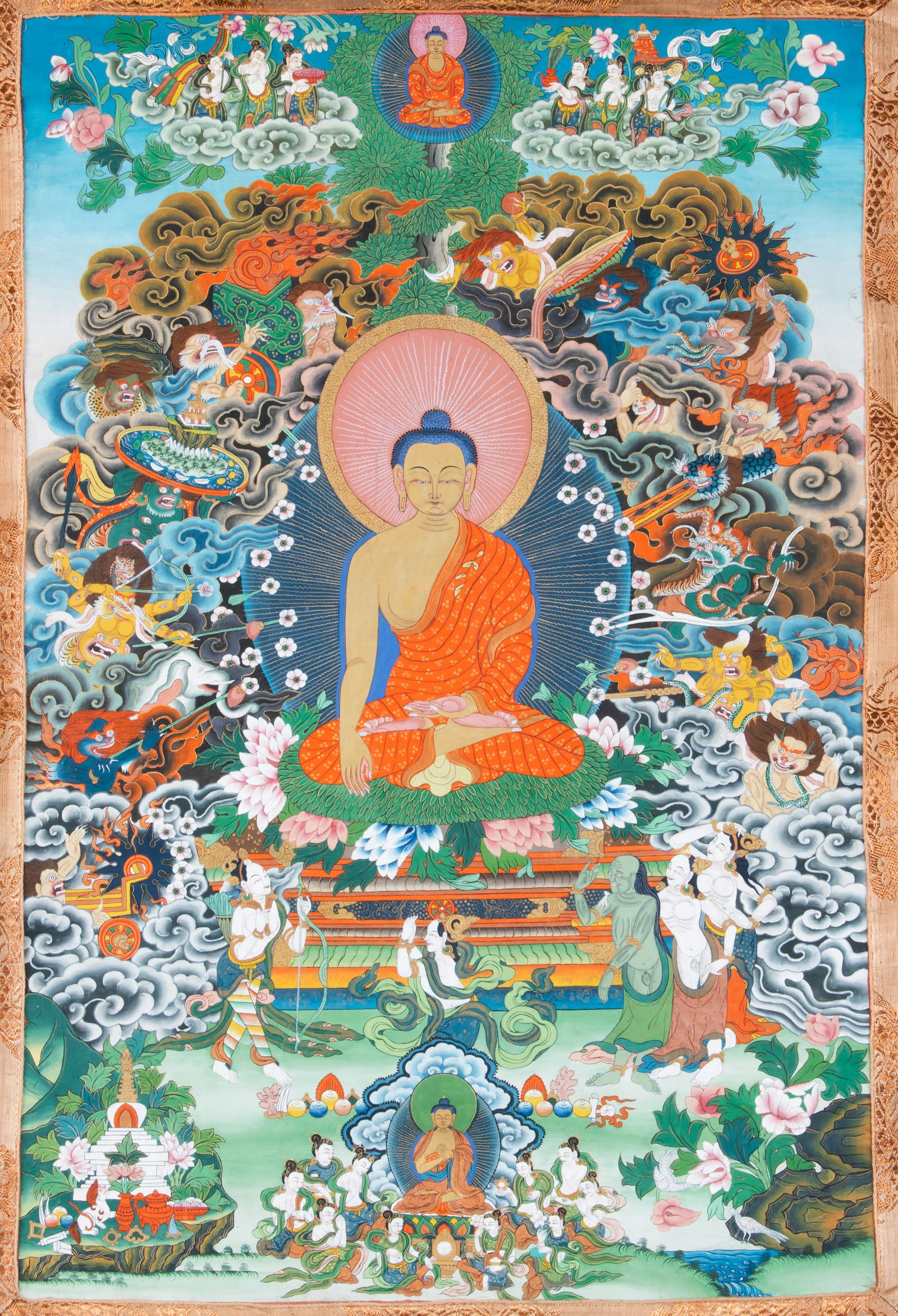 A POLYCHROME AND GILT THANGKA ON CLOTH DEPICTING SHAKYAMUNI BUDDHA Nepal, 20th Century, With the (1 of 4)