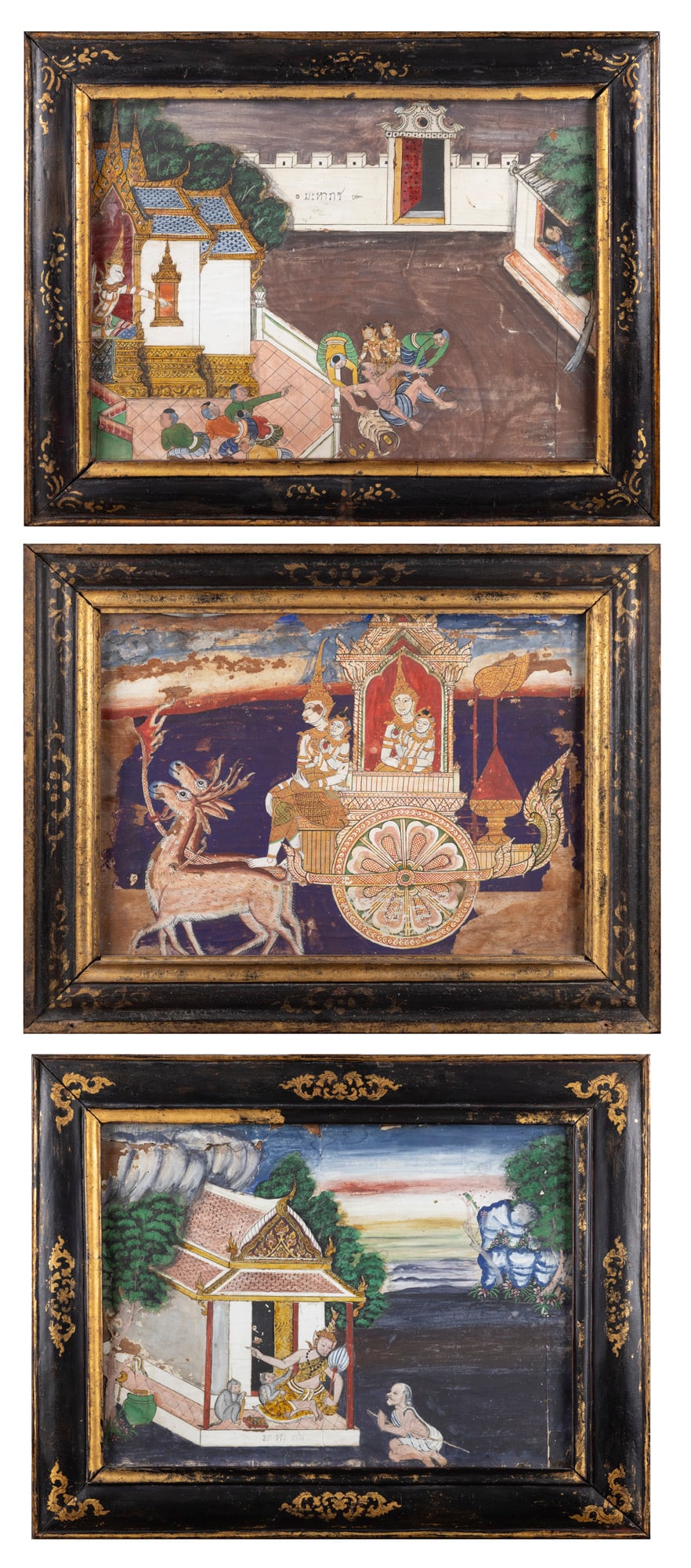 A SET OF THREE FRAMED ANTIQUE THAI RATTANAKOSIN-STYLE NARRATIVE PAINTINGS ON WOODEN PANELS (1 of 4)