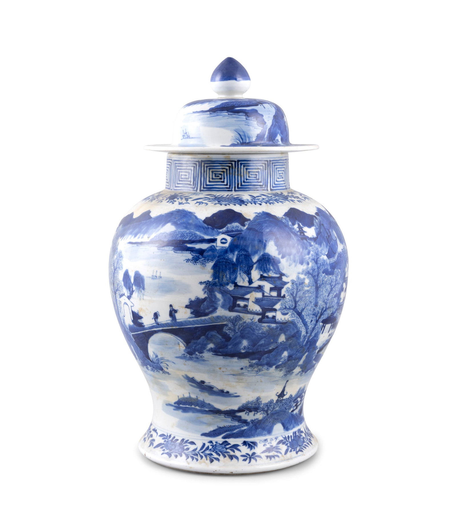 A BLUE AND WHITE BALUSTER VASE AND COVER 19世纪 青花山水纹: A BLUE AND WHITE BALUSTER VASE AND COVER 19世纪 青花山水纹盖罐 China, 19th century decorated with expansive river landscape with pavilions, pagoda