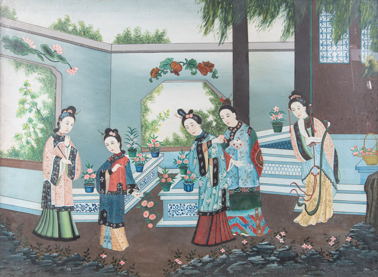 A PAIR OF FRAMED TRADE VIEWS OF INTERIORS WITH LADIES China, Canton, 19th century Gouache and (1 of 2)