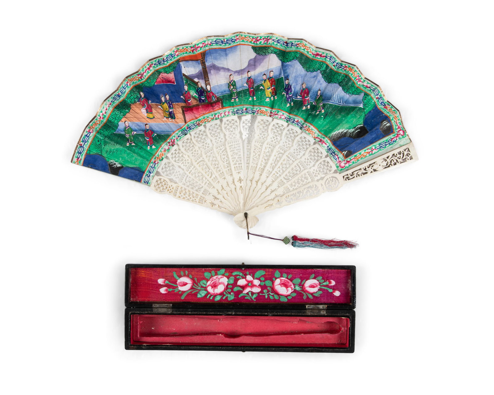 TWO CANTON BONE INLAID LACQUER FRAMED PAINTINGS AND A FOLDING FANS WITH BOX 晚清: TWO CANTON BONE INLAID LACQUER FRAMED PAINTINGS AND A FOLDING FANS WITH BOX 晚清 广作木彩漆描金嵌象骨折扇及