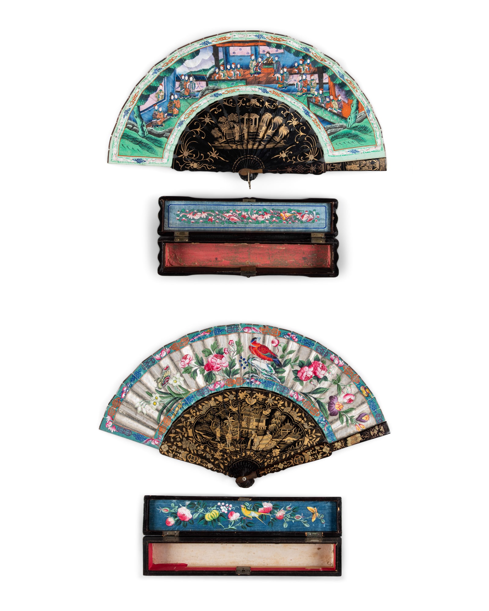 TWO CANTON BONE INLAID LACQUER FOLDING FANS WITH BOXES 晚清 广作木 (1 of 5)