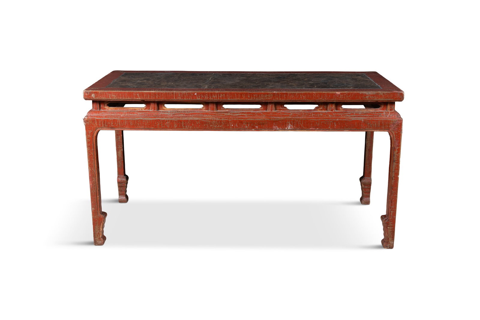 A RED LACQUER AND MARBLE TOP CONSOLE TABLE China, 19th century the rectangular top fitted with a (1 of 4)