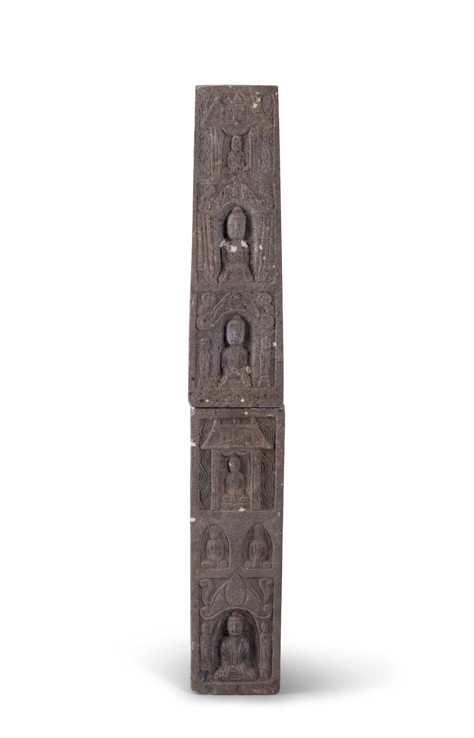 A JAPANESE CARVED STONE POST, MEIJI PERIOD in two sections of square tapering from, each with (1 of 4)