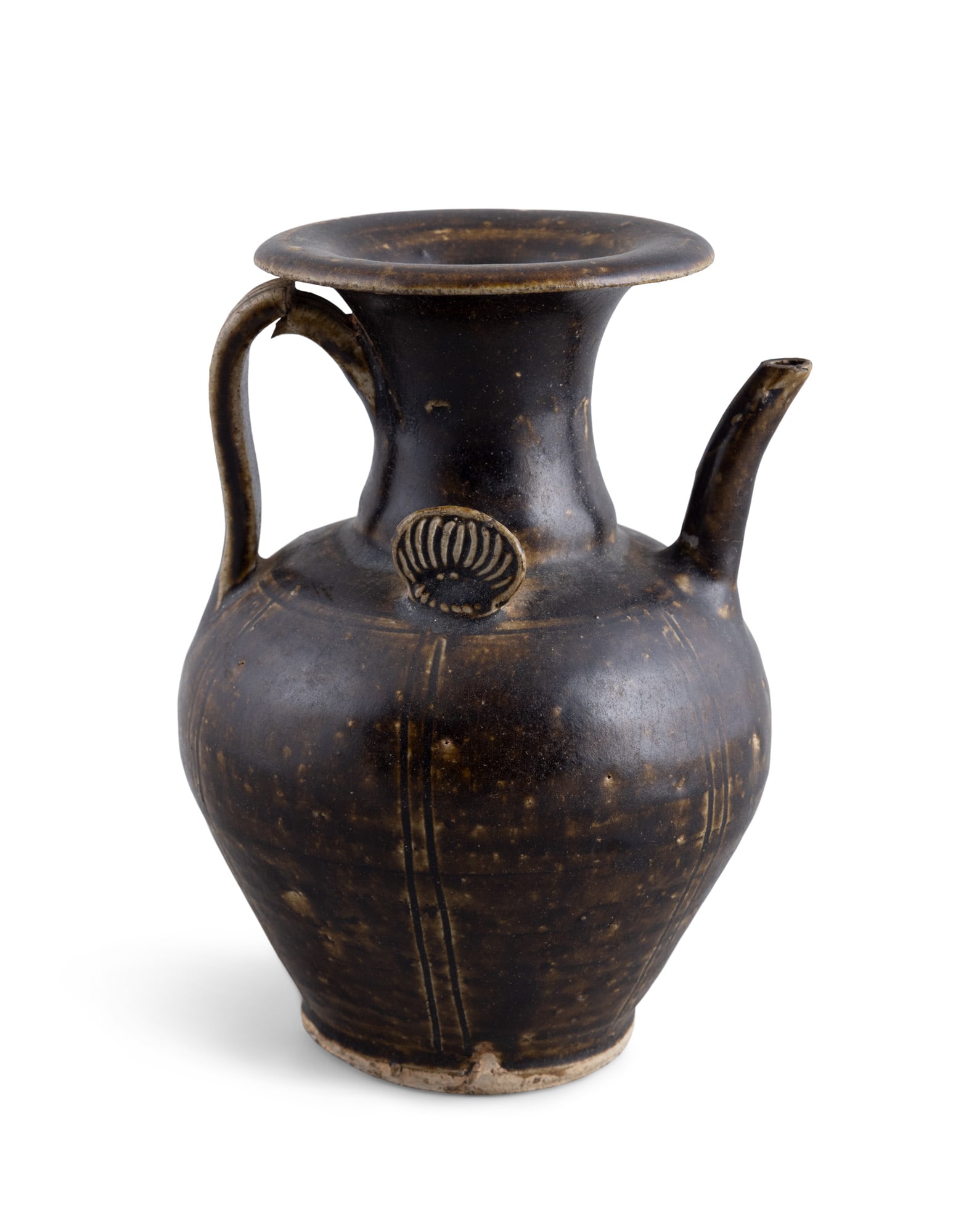 A BLACK GLAZED 'FLOWER' EWER 宋代 黑釉菊花纹执 (1 of 6)