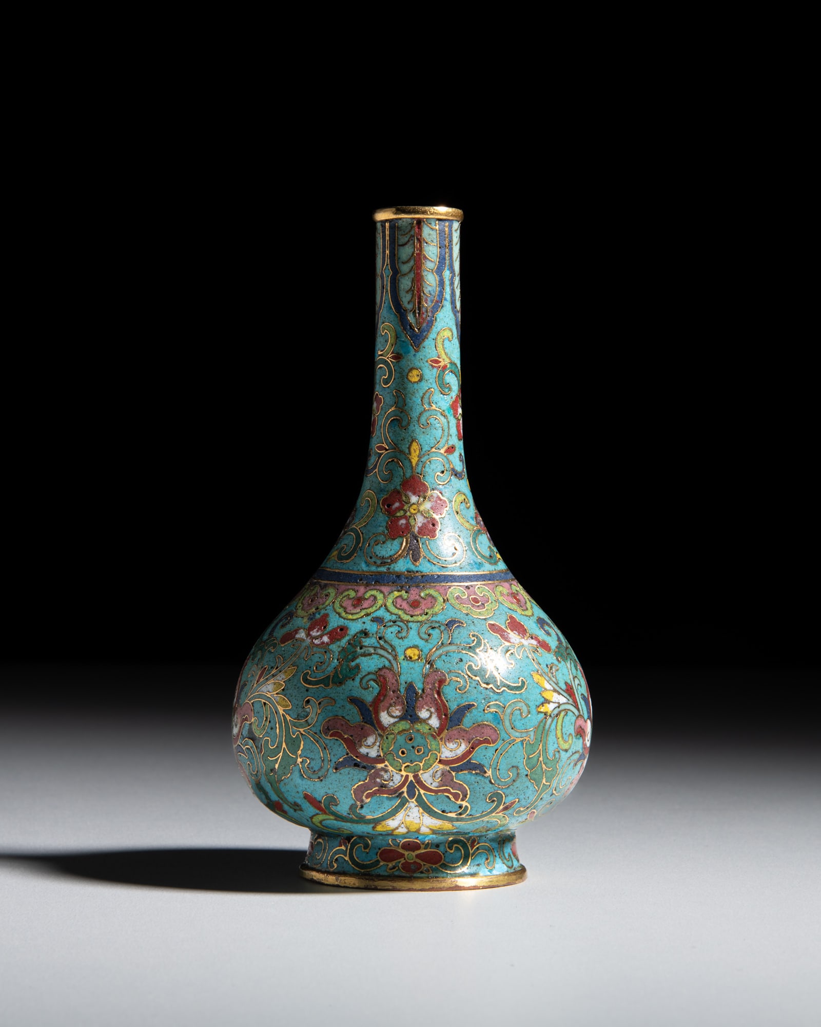 A FINE GILT BRONZE CLOISONNE ENAMEL TURQUOISE GROUND 'LOTUS' VASE, MARK 'YONGZHENG' 清 (1 of 2)