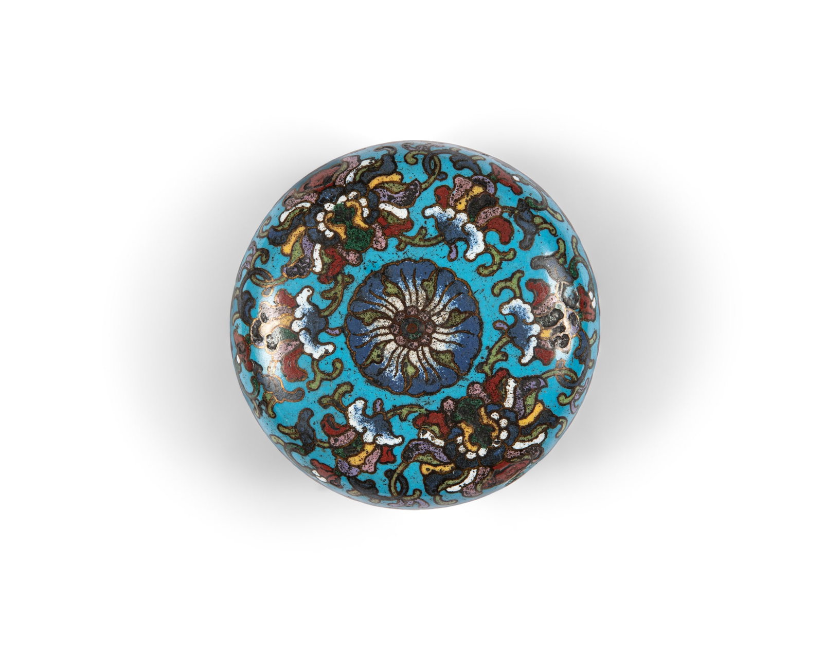 A SMALL CLOISONNE ENAMEL 'LOTUS' INCENSE BOX AND COVER 清 景泰蓝莲 (1 of 3)