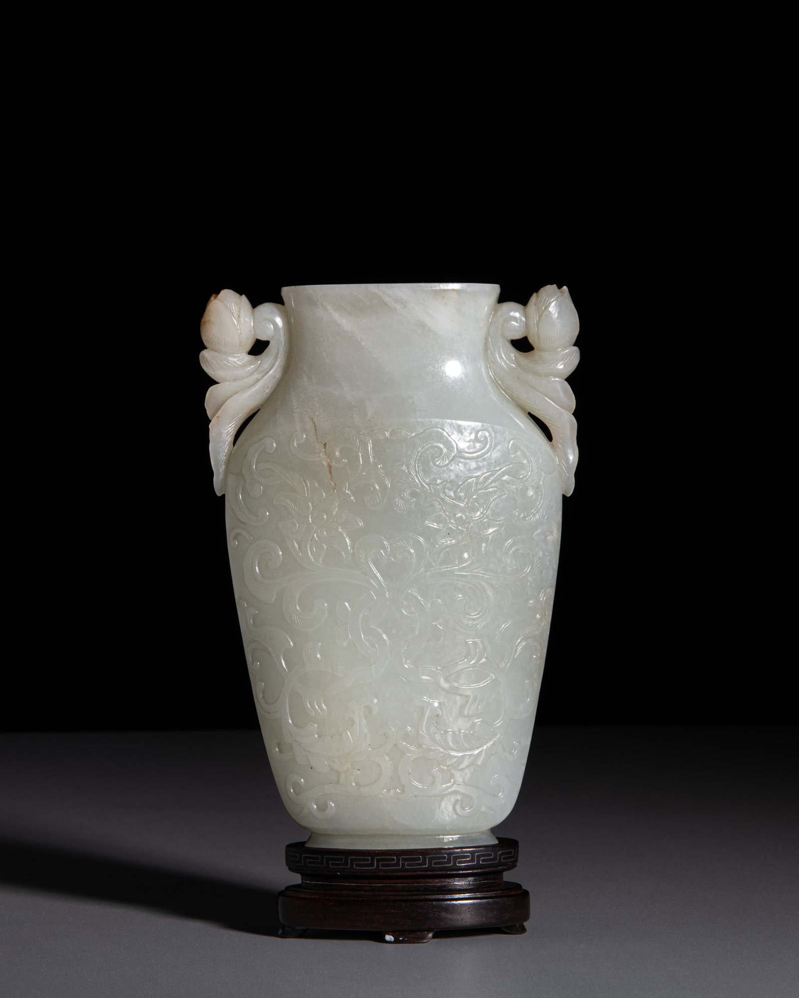 A PALE WHITE JADE 'LOTUS' VASE 清中 青白玉莲纹双 (1 of 4)