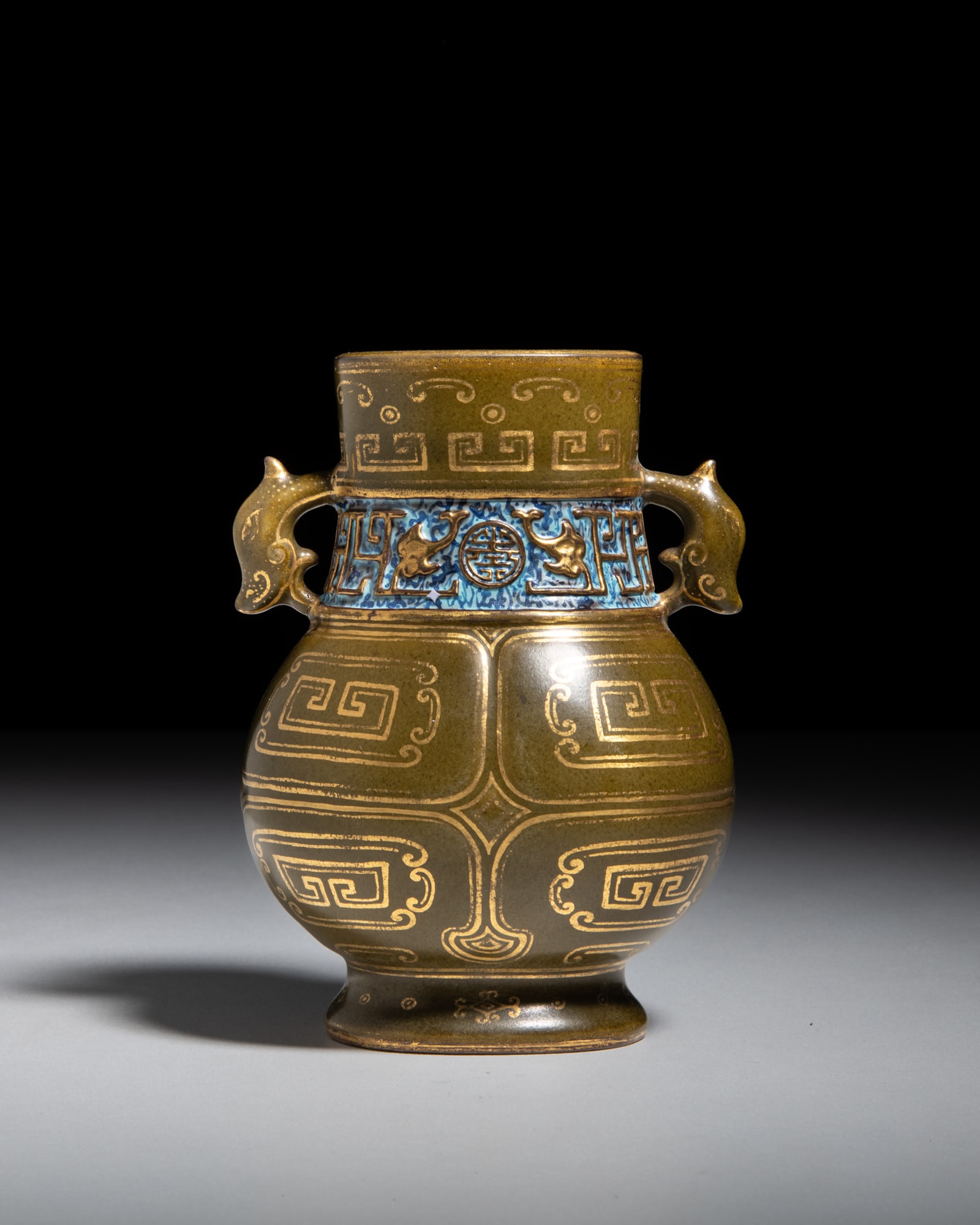 A FINE 'BRONZE IMITATION' TEA-DUST GLAZED AND GILT-DECORATED ARCHAISTIC ZUN, QIANLONG SEAL MARK (1 of 4)