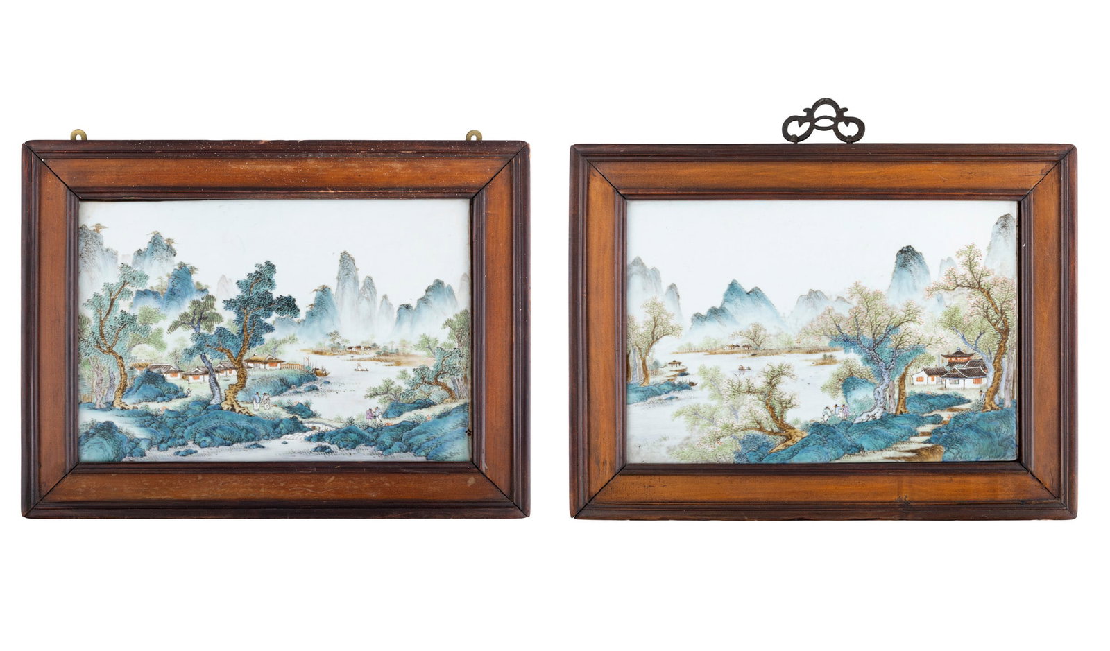 TWO FAMILLE ROSE 'LANDSCAPE' PANELS WITH WOODEN FRAME 民国 粉彩山 (1 of 5)