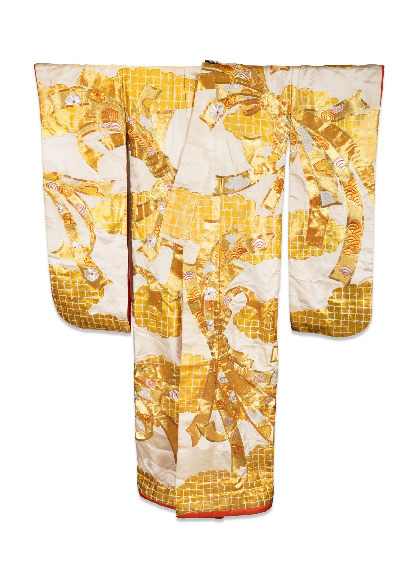 A JAPANESE WHITE-GROUND SILK UCHIKAKE Japan, 20th century of traditional form, woven with a: A JAPANESE WHITE-GROUND SILK UCHIKAKE Japan, 20th century of traditional form, woven with a shimmering white silk ground enriched with gilt motifs, decorated overall with a central 'bundled noshi (tab