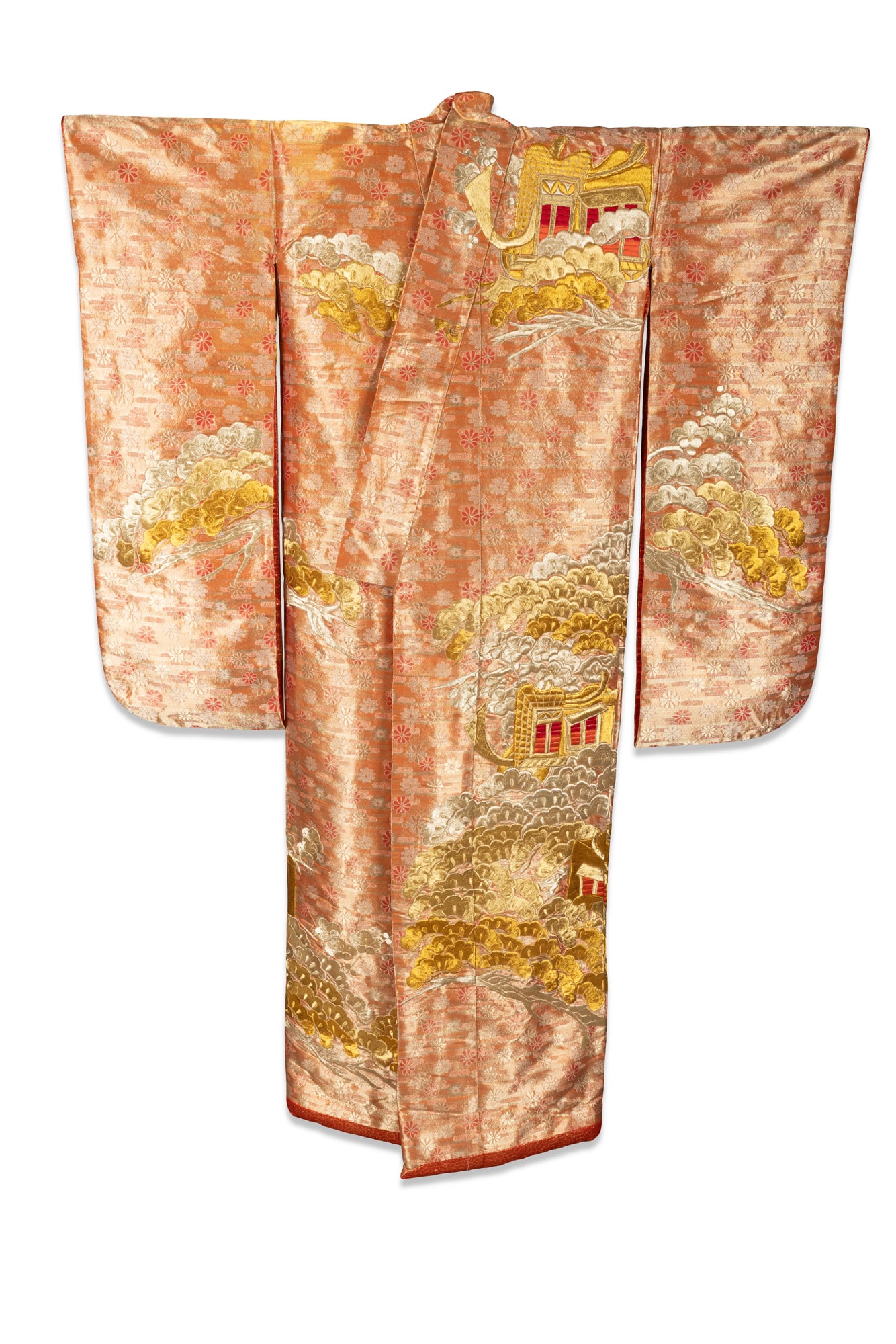 A JAPANESE GOLD-GROUND SILK UCHIKAKE Japan, mid-20th century, Shōwa period of traditional: A JAPANESE GOLD-GROUND SILK UCHIKAKE Japan, mid-20th century, Shōwa period of traditional form, woven with a luxurious gold and pale-bronze silk ground featuring horizontal mist bands and scatter