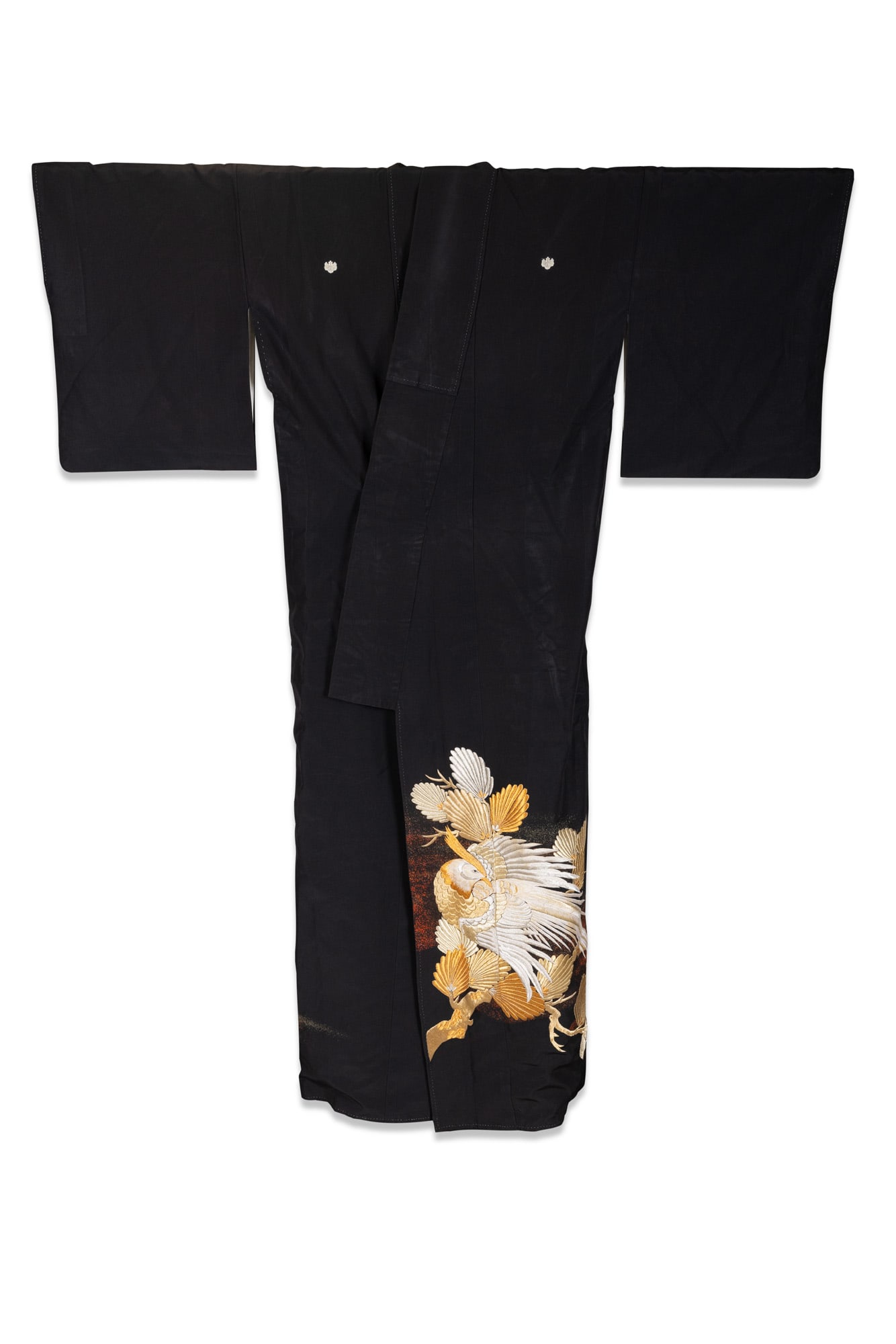 TWO BLACK SILK KURO TOMESODES WITH DUAL-TONE GOLD AND SILVER THREAD EMBROIDERED PHEASANTS AMID: TWO BLACK SILK KURO TOMESODES WITH DUAL-TONE GOLD AND SILVER THREAD EMBROIDERED PHEASANTS AMID FLOWERING PLANTS Japan, Taisho - early Showa period H.169cm Note Kuro Tomesode is the highest-ranking for