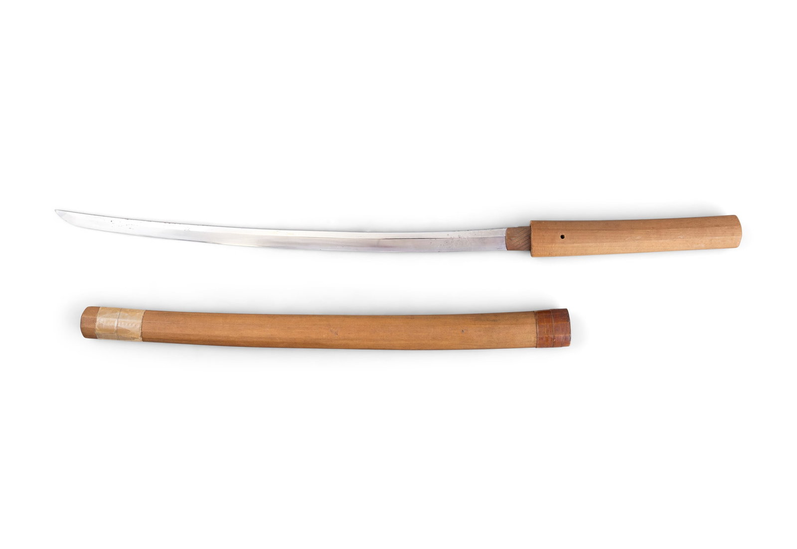 WAKIZASHI Japan, Shinto period With a shinogi-zukuri blade, suguha hamon, nakago (tang) with one: WAKIZASHI Japan, Shinto period With a shinogi-zukuri blade, suguha hamon, nakago (tang) with one mekugi-ana (peg hole), faint and partially legible signature (... KUNIHISA). With shirasaya. Blade L.: 
