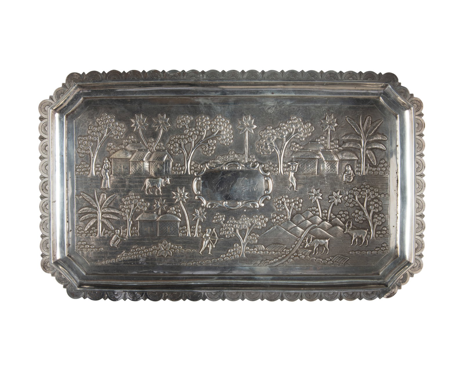 AN ANGLO-INDIAN REPOUSSÉ SILVER PRESENTATION TRAY, MARKED CALCUTTA India, dated 1906 of (1 of 2)