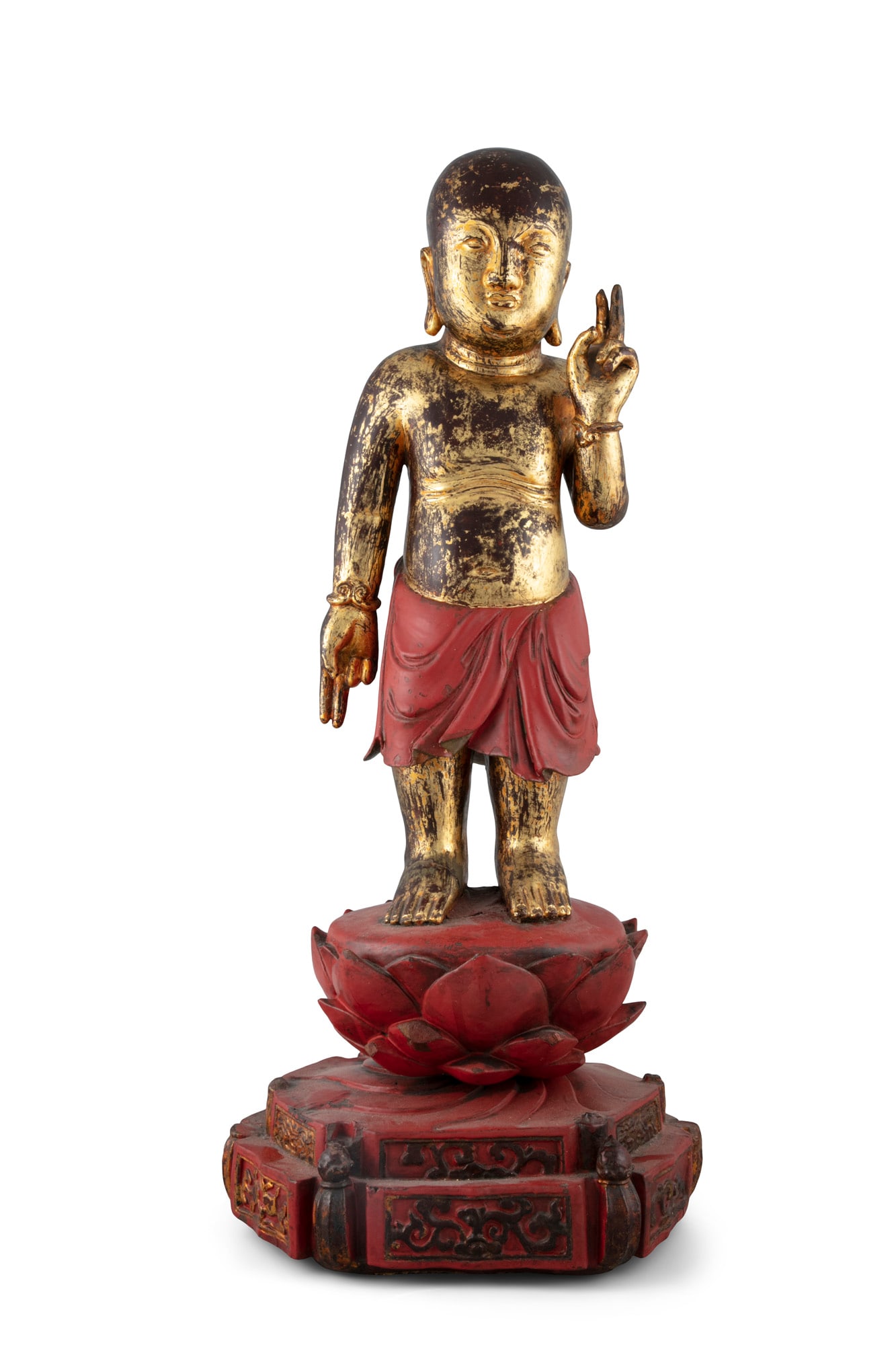 A LARGE GILT-LACQUERED WOODEN SCULPTURE OF THE STANDING INFANT BUDDHA Vietnam, late 19th century (1 of 5)