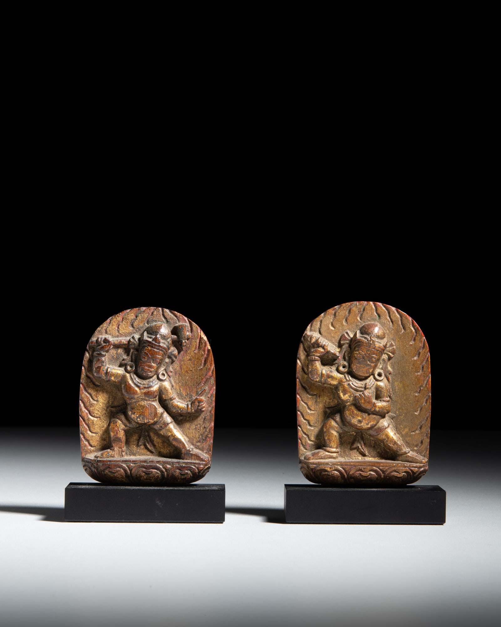 TWO SMALL CARVED GILT AND RED PAINTED VAJRAPANI FIGURES 西藏 十四世 (1 of 2)