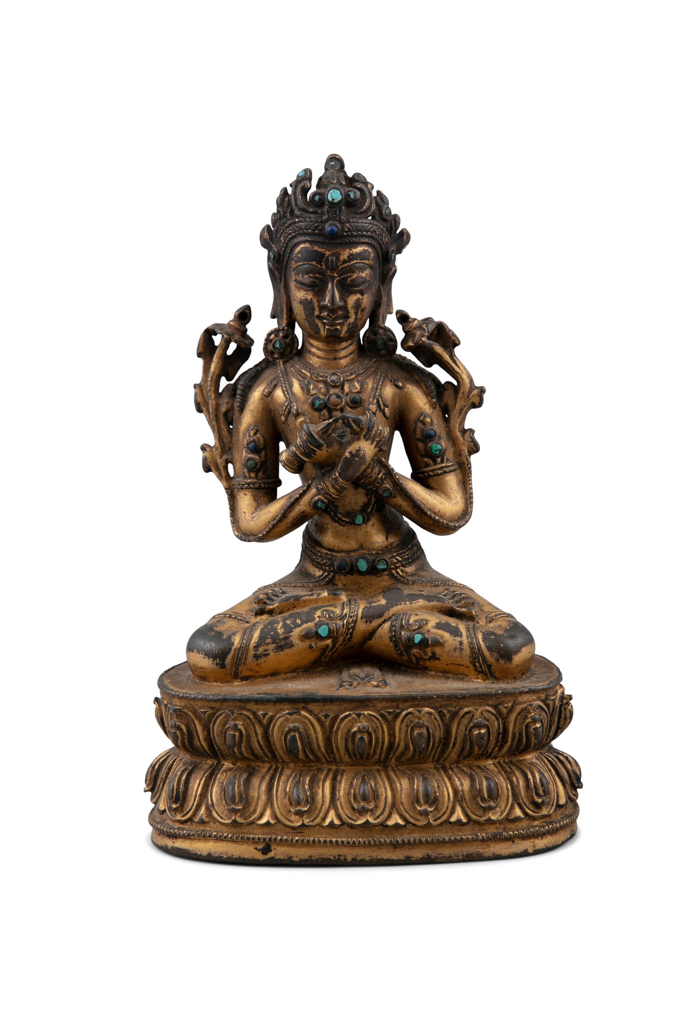 A STONE-EMBELLISHED GILT BRONZE FIGURE OF VAJRADHARA 西藏 19-20世纪: A STONE-EMBELLISHED GILT BRONZE FIGURE OF VAJRADHARA 西藏 19-20世纪 铜鎏金嵌宝金刚总持 Tibet, 19-20th century Vajradhara s