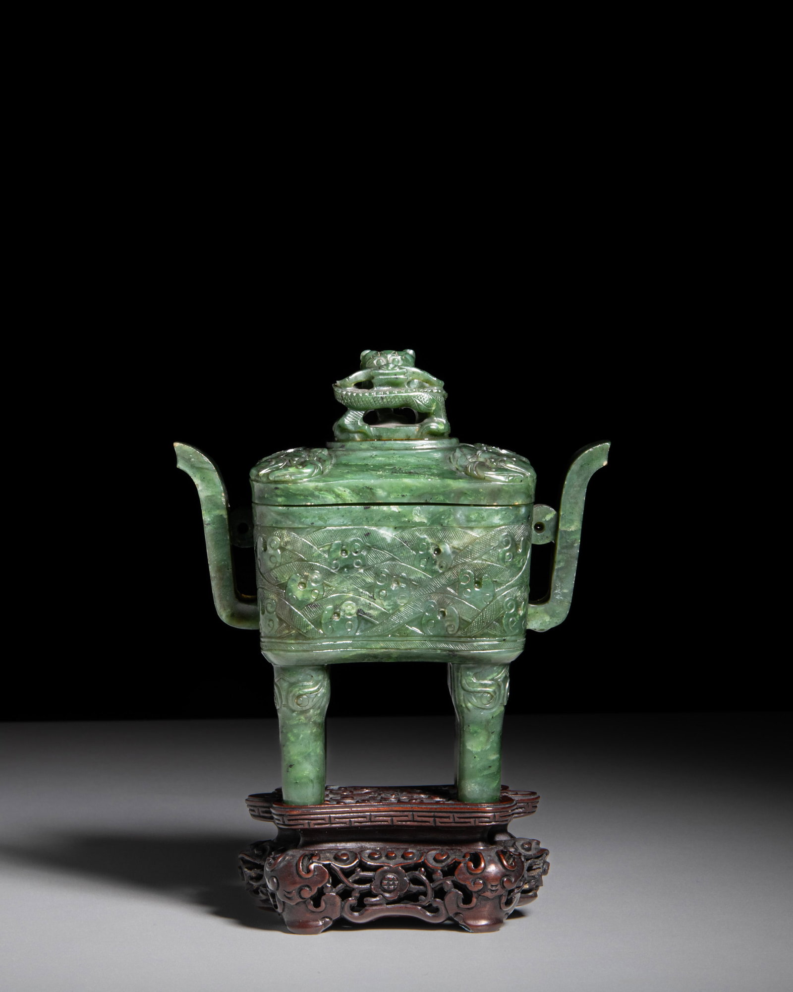 A RARE SPINACH-GREEN JADE ARCHAISTIC RECTANGULAR CENSER AND COVER, FANG DING 清中 (1 of 4)