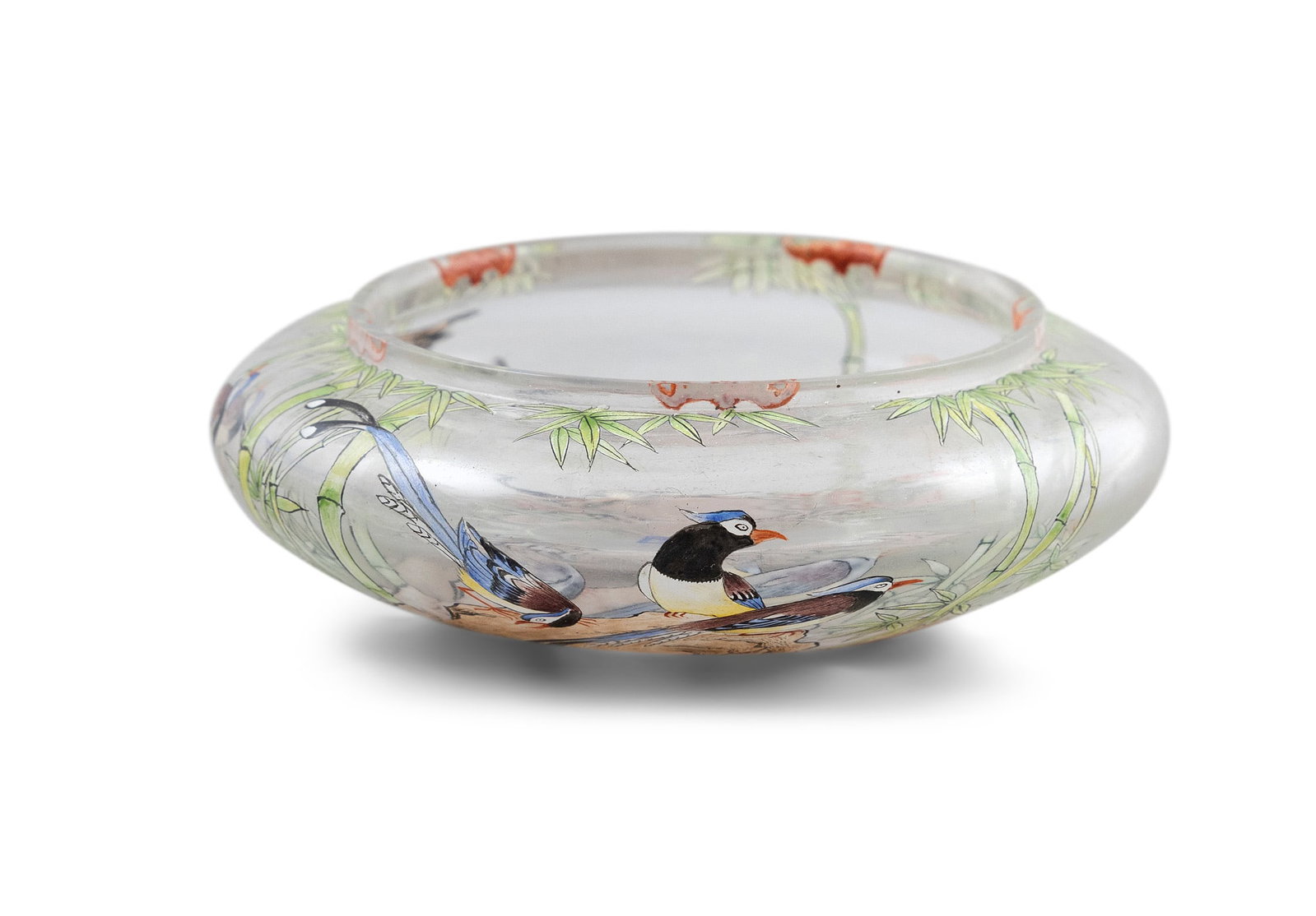 AN ENAMELLED ‘BAMBOO AND QUAILS’ GLASS WATER POT, QIANLONG MARK 民國 (1 of 4)