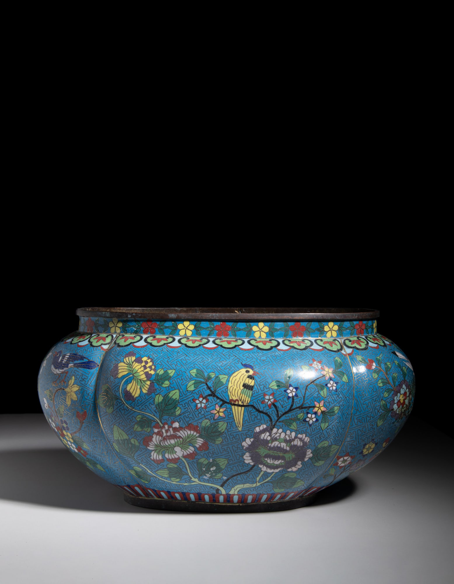 A CLOISONNE ENAMEL LOBED 'BIRDS AND FLOWERS' JARDINIERE 民国 花鸟纹 (1 of 1)