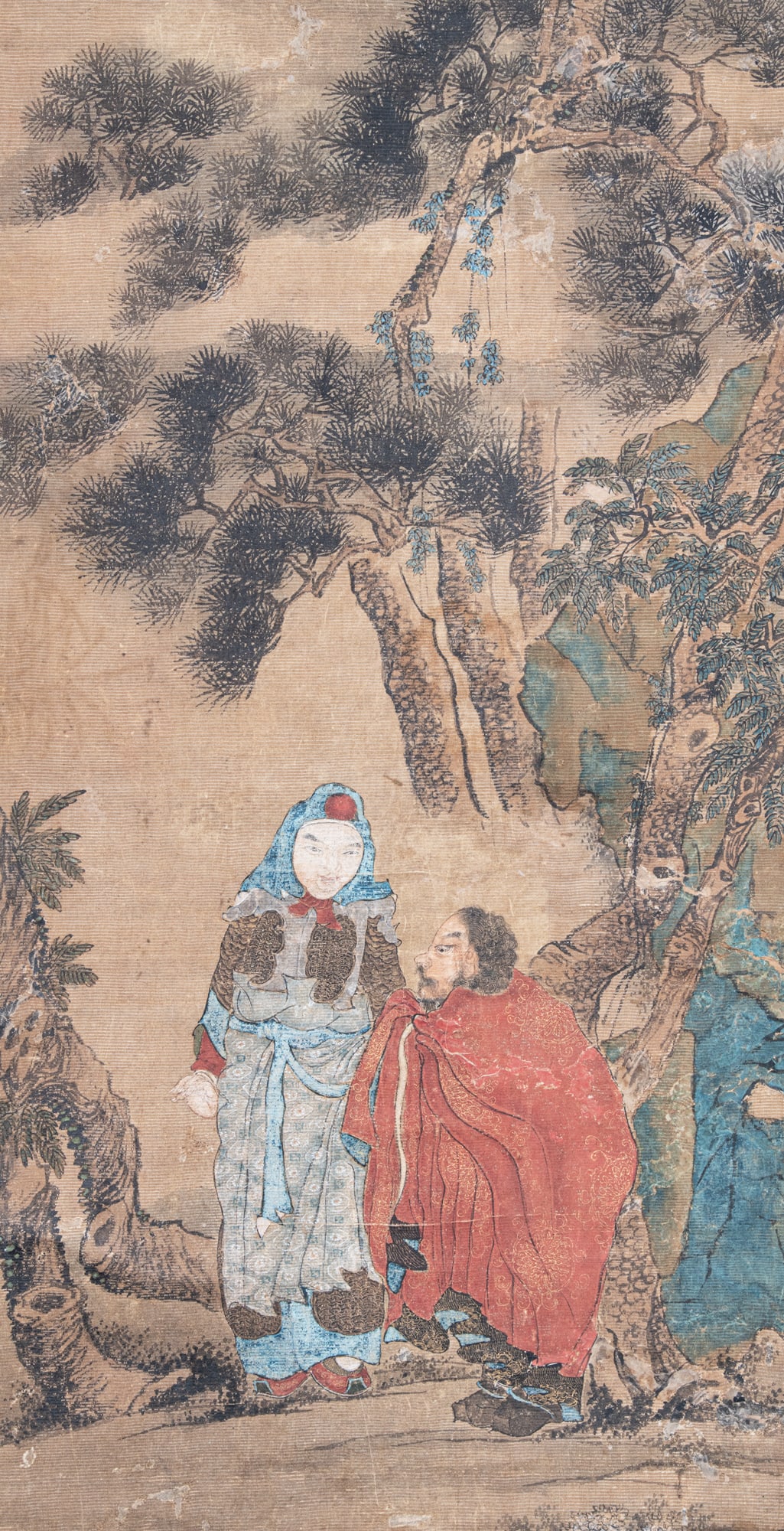 AN INK AND COLOUR SILK PAINTING OF 'HONGFU NV AND QIU RANKE' 17世纪 绢本&#: AN INK AND COLOUR SILK PAINTING OF 'HONGFU NV AND QIU RANKE' 17世纪 绢本设色‘虬髯客拜红拂女’卷轴 C