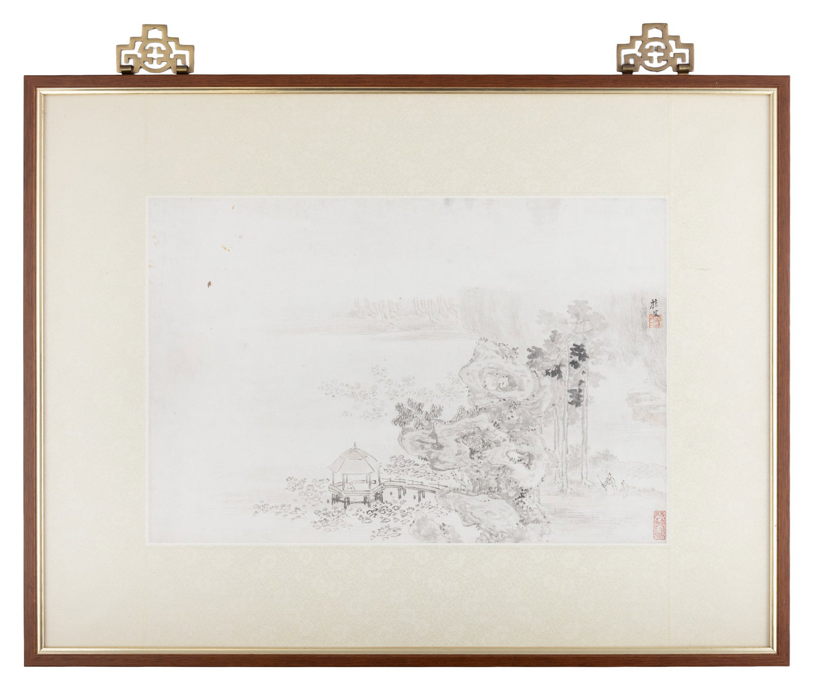 A FINE FRAMED INK ON PAPER PAINTING OF A SCHOLAR IN A LANDSCAPE, SIGNED GUI FU 民国 (1 of 5)