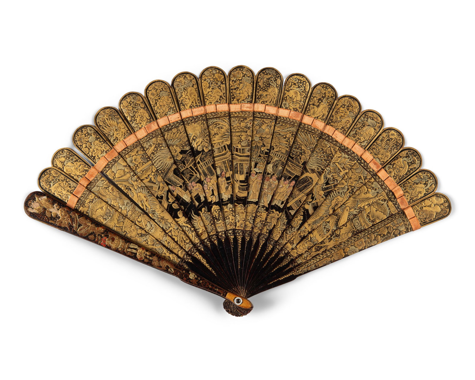 A FINE GILT LACQUERED 'FIGURES' FOLDING FAN (1 of 2)