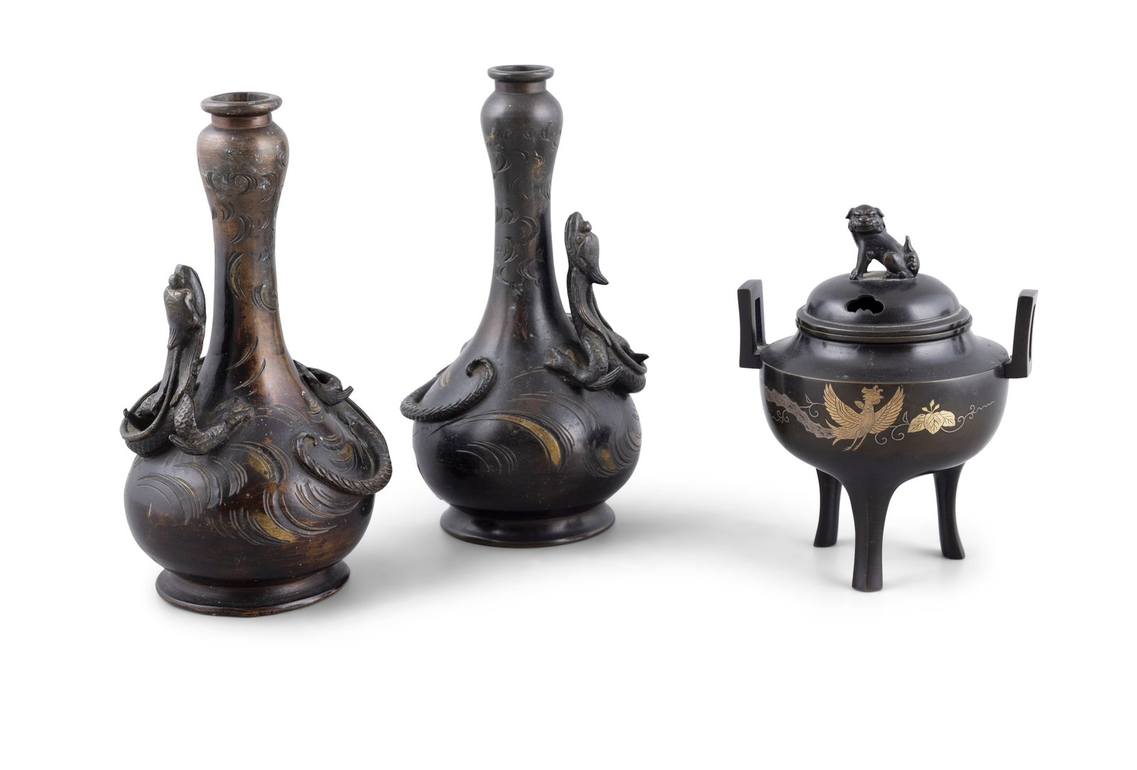 A BRONZE AND SILVER INLAID CENSER AND COVER AND A PAIR OF CHILONG DRAGON VASES Japan, 20th century (1 of 9)