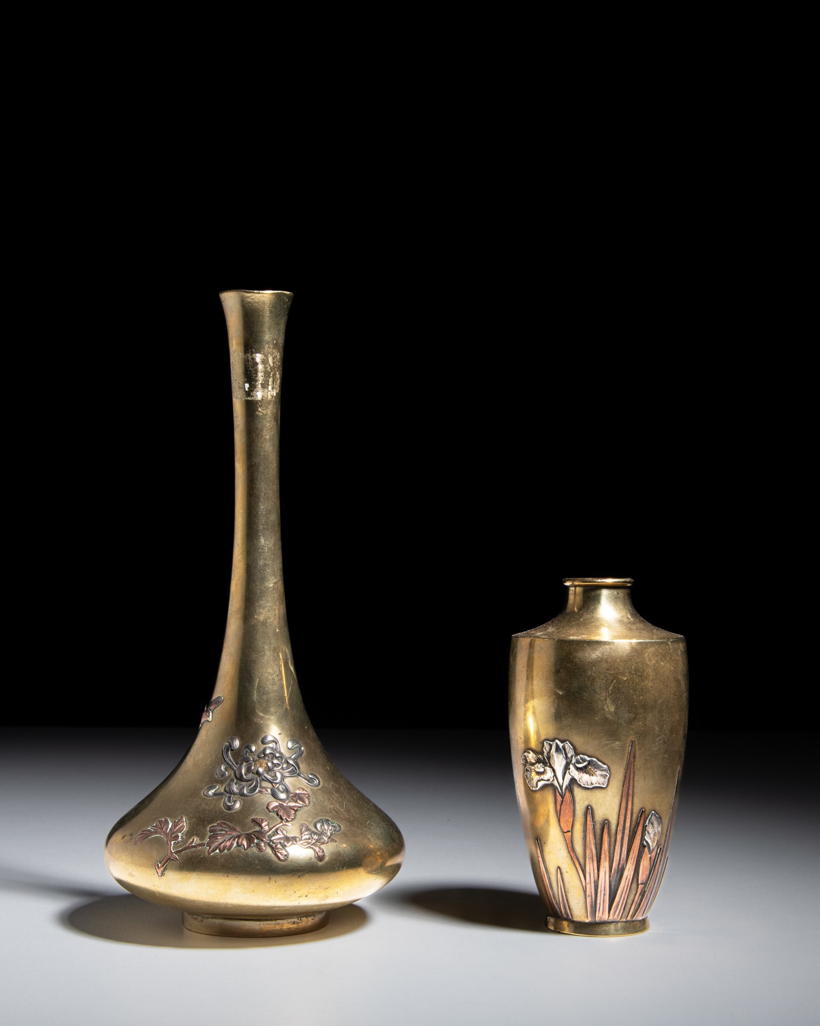 A COLLECTION OF TWO MIXED METAL 'FLORAL' VASES, SIGNED Japan, early 20th century H.12-23cm (1 of 3)